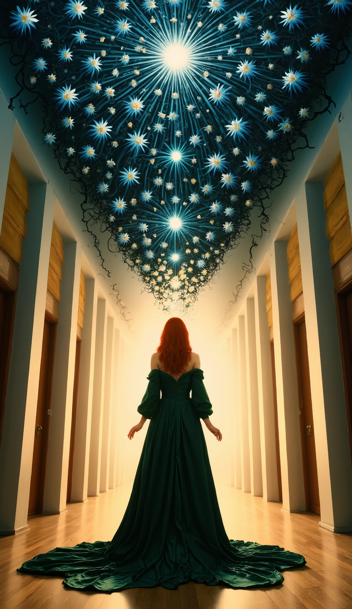 A surrealist digital painting of a redhead woman standing in the center of a grand corridor, directly facing the viewer. She wears a deep emerald green dress that flows around her like liquid silk, pooling onto the wooden floor. Her jet-black hair defies gravity, stretching upward and transforming into intertwining roots that fuse with the ceiling, blooming into a canopy of glowing blue flowers. The corridor's symmetrical design leads the viewer’s gaze into the depth of the scene, while soft celestial light pours from above, illuminating her intense, otherworldly gaze. The atmosphere is both mysterious and mesmerizing, evoking a sense of transcendence.