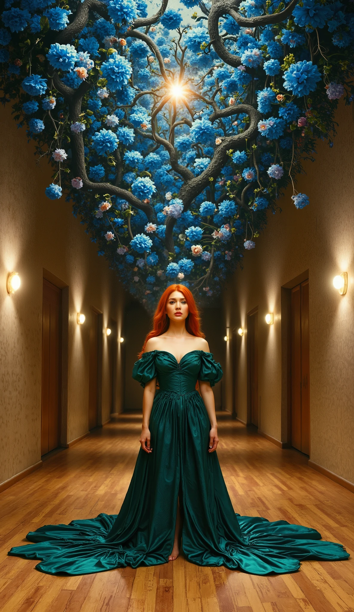 A surrealist digital painting of a redhead woman standing in the center of a grand corridor, directly facing the viewer. She wears a deep emerald green dress that flows around her like liquid silk, pooling onto the wooden floor. Her jet-black hair defies gravity, stretching upward and transforming into intertwining roots that fuse with the ceiling, blooming into a canopy of glowing blue flowers. The corridor's symmetrical design leads the viewer’s gaze into the depth of the scene, while soft celestial light pours from above, illuminating her intense, otherworldly gaze. The atmosphere is both mysterious and mesmerizing, evoking a sense of transcendence.