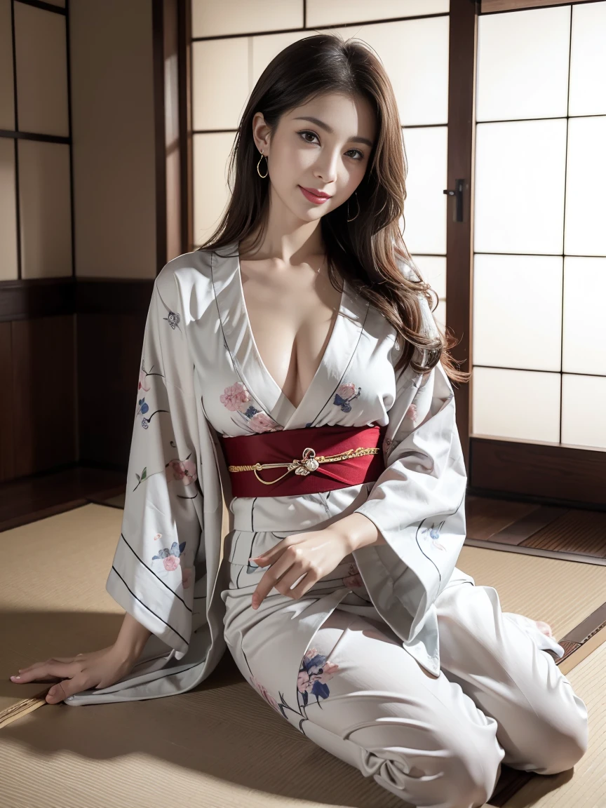 top-quality、超A high resolution、(Photorealsitic:1.4)、女の子1人、inn、floral Yukata、Chest wide open、(White hair:1)、(huge-breasted:1.2)、looking at viewert、Bring your chest together、With his legs wide open、 (Sitting on a futon))、Hands on the head
