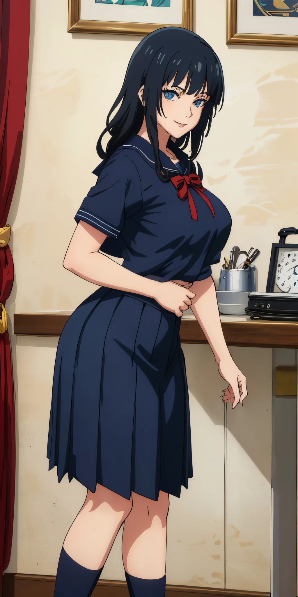 Young woman drawn in 80’s anime art style.
Retro anime. Vintage Anime. Classical Anime.
She has long and wavy black hair, blue eyes, full lips, and a beauty mark located under the right side of her mouth. She is well known for her curvaceous figure of which her most distinctive trait is her very large breasts. She has a sinister smile.
Meanwhile she is also visiting a High School!
She is wearing a sailor fuku (セーラー服, sērā fuku, sailor outfit) is a common japanese style of uniform worn by women, traditionally by high school female students.
The uniform generally consists of a sailor-styled blouse attached with a (Navy blue sailor-style collar) and a Dark Navy Blue Sailor Blouse. The length of the long skirt goes down past her ankle.
A ribbon is tied in the front and laced through a loop attached to the sailor blouse. The color is the ribbon is red. (RED RIBBON)
(Dark Navy Blue Sailor Shirt)
(Dark Navy Pleated Skirt)
(High School)