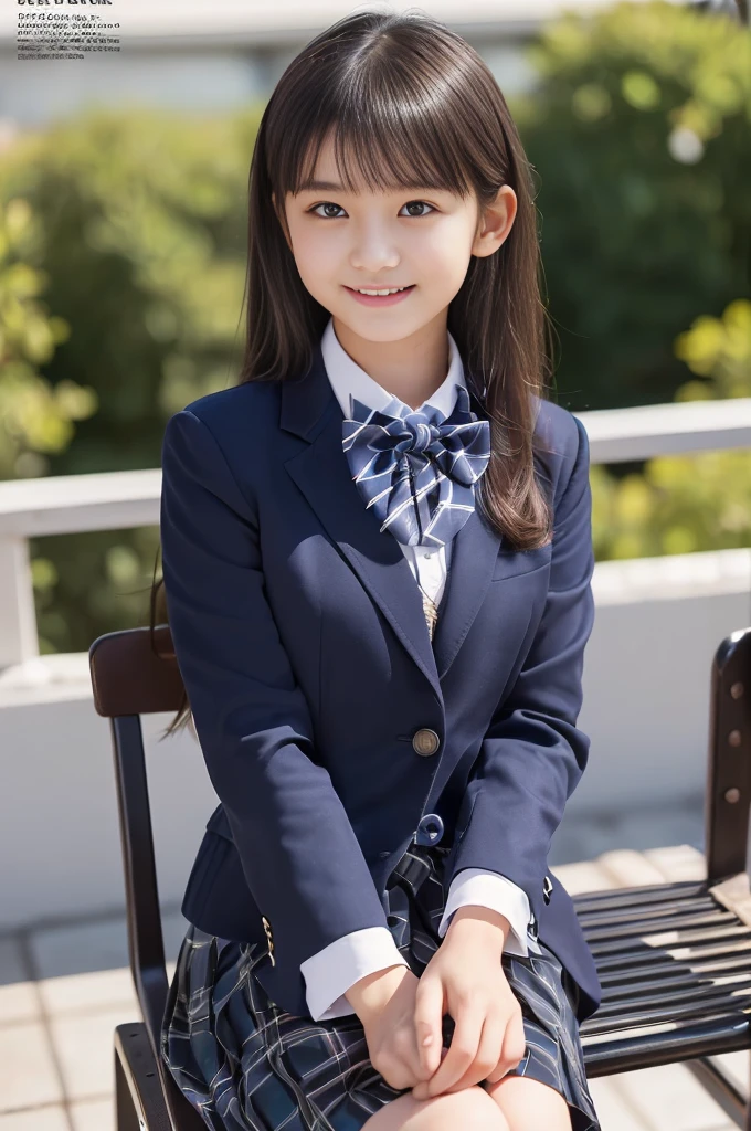 Japanese,child,っぽい,,teenage girle,primary school student,private elementary school,uniform,navy blue blazer,plaid skirt,school bag,early winter,inside the school,sitting,kneel down,I can't see my underwear