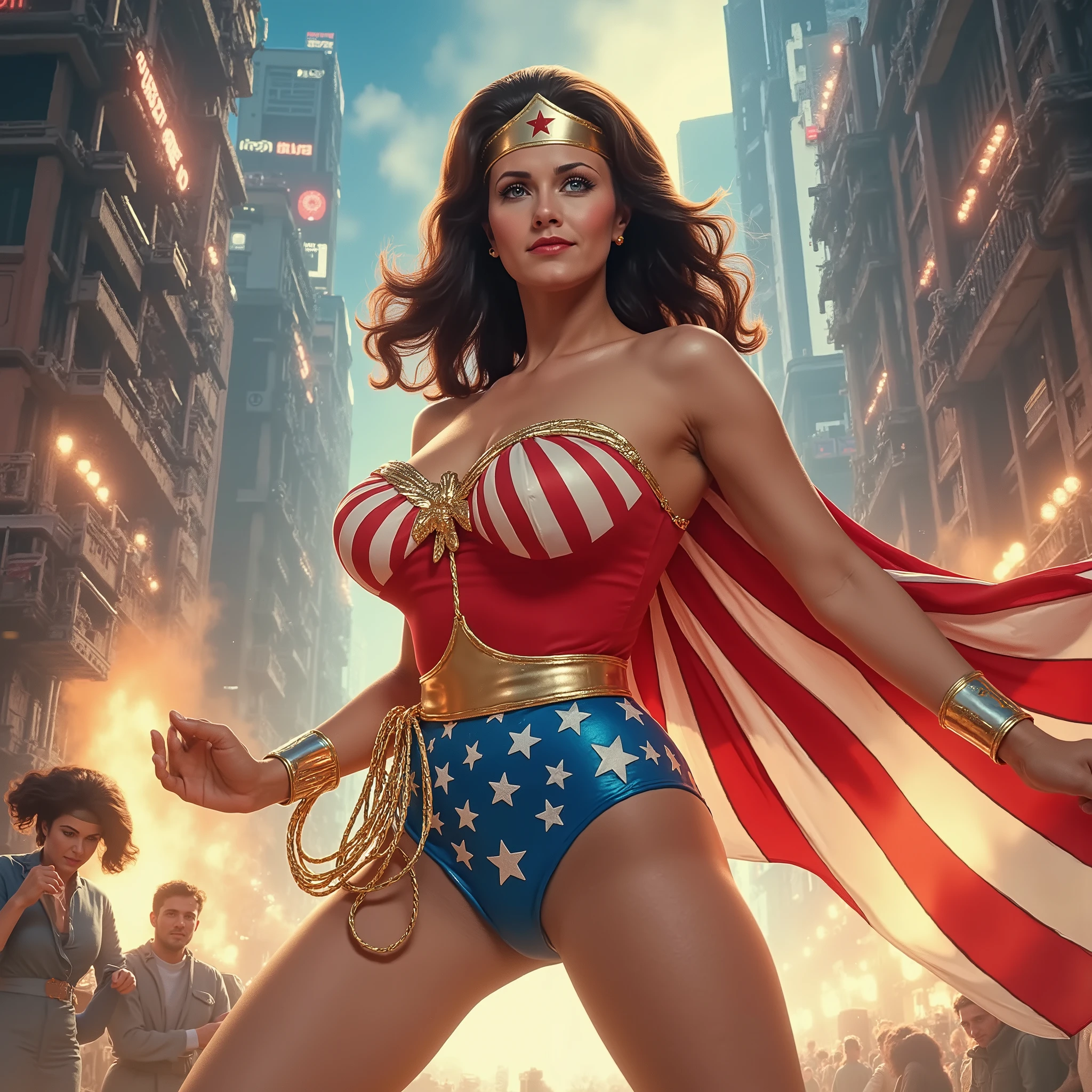 A BLUE PATRIOTIC WITH WHITE STAR CAPE (ACTION CAPTURED PERIL SCENE) (COMIC BOOK STYLE) A SEXY LYNDA CARTER AS THE ICONIC 1960 WONDER WOMAN, WEARING A LATEX WONDER WOMAN COSTUME, LATEX PATRIOTIC BLUE SKIRT, HER GOLDEN LASSO ATTACHED TO THE SIDE OF HER HIP. CRYSTAL CLEAR ART, CELAN CRISP ART, 4K, 8K, MILLIONS OF TEXTURES AND DETAILS. SAVING THE WORLD. COMIC BOOK