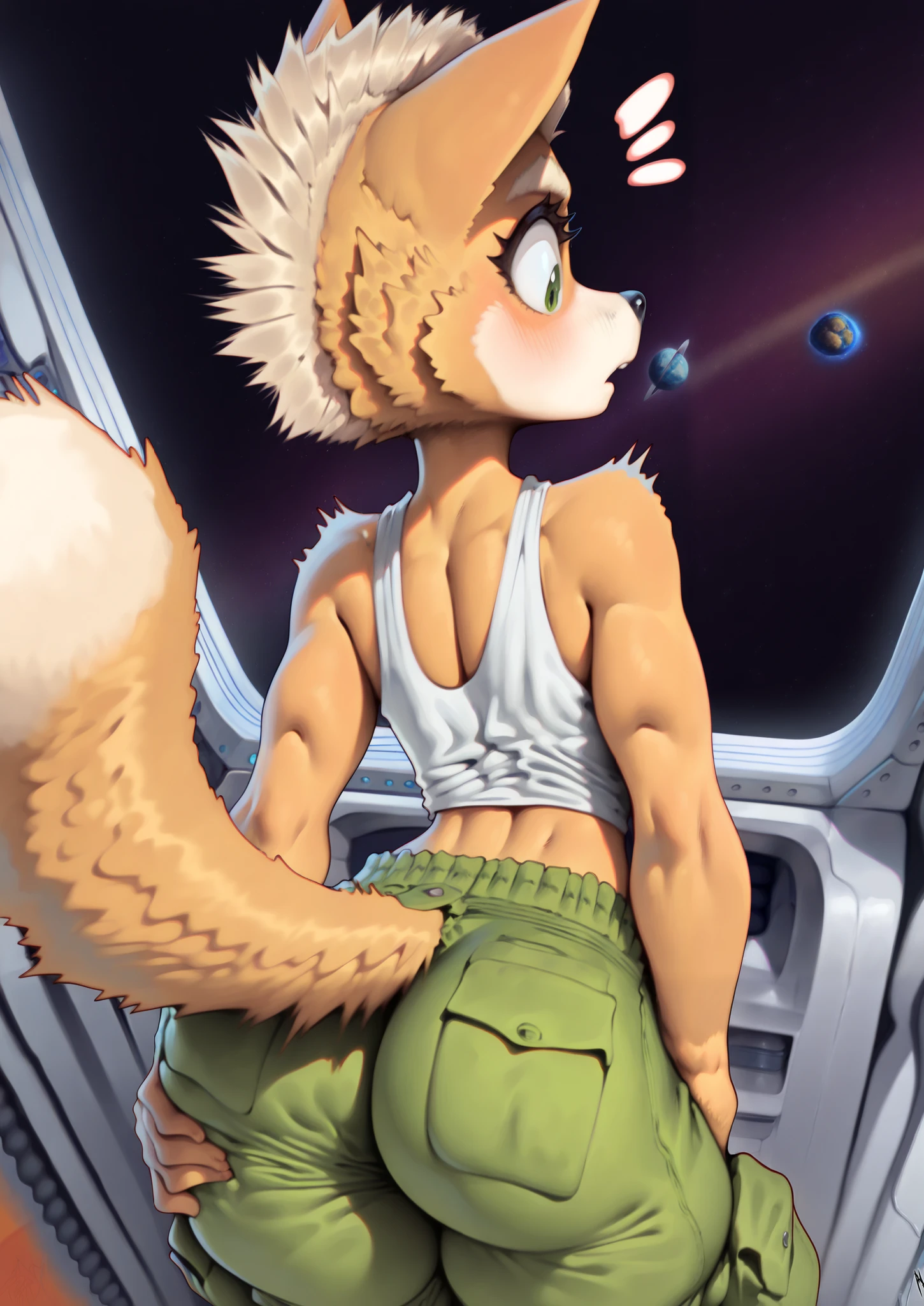 ((fox mccloud)), ((wamudraws)), ((thefuckingdevil)), ((masterpiece)), ((high resolution)), ((solo portrait)), ((back view)), {(slim figure), (toned body), (thick thighs), (yellow fur), (black nose), (bleach-blonde mohawk), (cute green eyes), (sharp eyelashes), (surprised)}, {(tank top), (cleavage), (green cargo pants)}, {(standing), (grabbing butt), (looking down at self)}, ((space)), ((dorm)), ((living quarters))