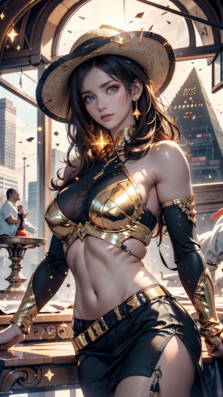 Beautiful girl in China,belt dance,roof,starry sky,View from the sea,On the horizon is the golden city of light, Golden Bronze Utopia Science Fiction Paradise City,Providing a free home for all who seek refuge and understanding of the past. However, Few people know about this city of light, You can know it through the song.