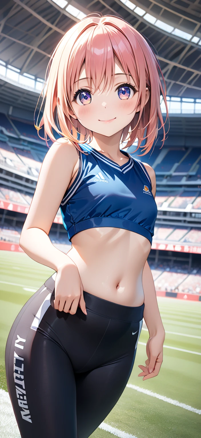 masterpiece, best quality, highres, aairoha, medium hair, cheerleader, pom pom \(clothes\), midriff, miniskirt, stadium, standing, sweat, smile