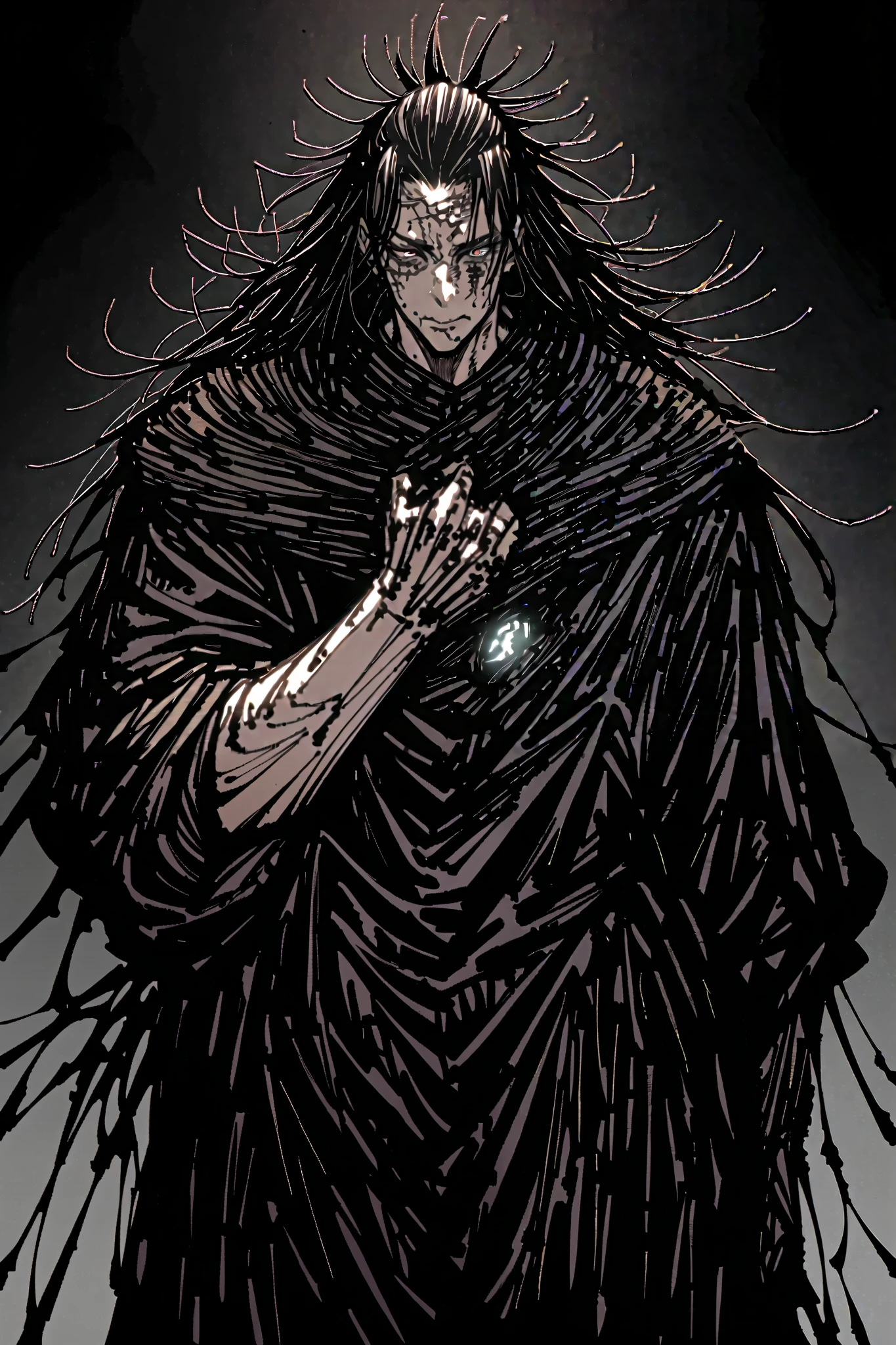 Look like Hayato Kurozome
Height : 1.78 m Build: delgado, but with marked muscles due to constant physical stress .
fur: pale, with dark cracks on the surface of his body that expand when entities control him.
eyes: negros con un leve brillo rojizo en la oscuridad. At certain times , his pupils can change shape depending on the being who owns it .
hair: negro, long and messy, with tufts that seem to move alone .
Outfit: He usually wears a long, ragged coat that hides his unstable body . The fabric looks corroded , as if it were between reality and non-existence .