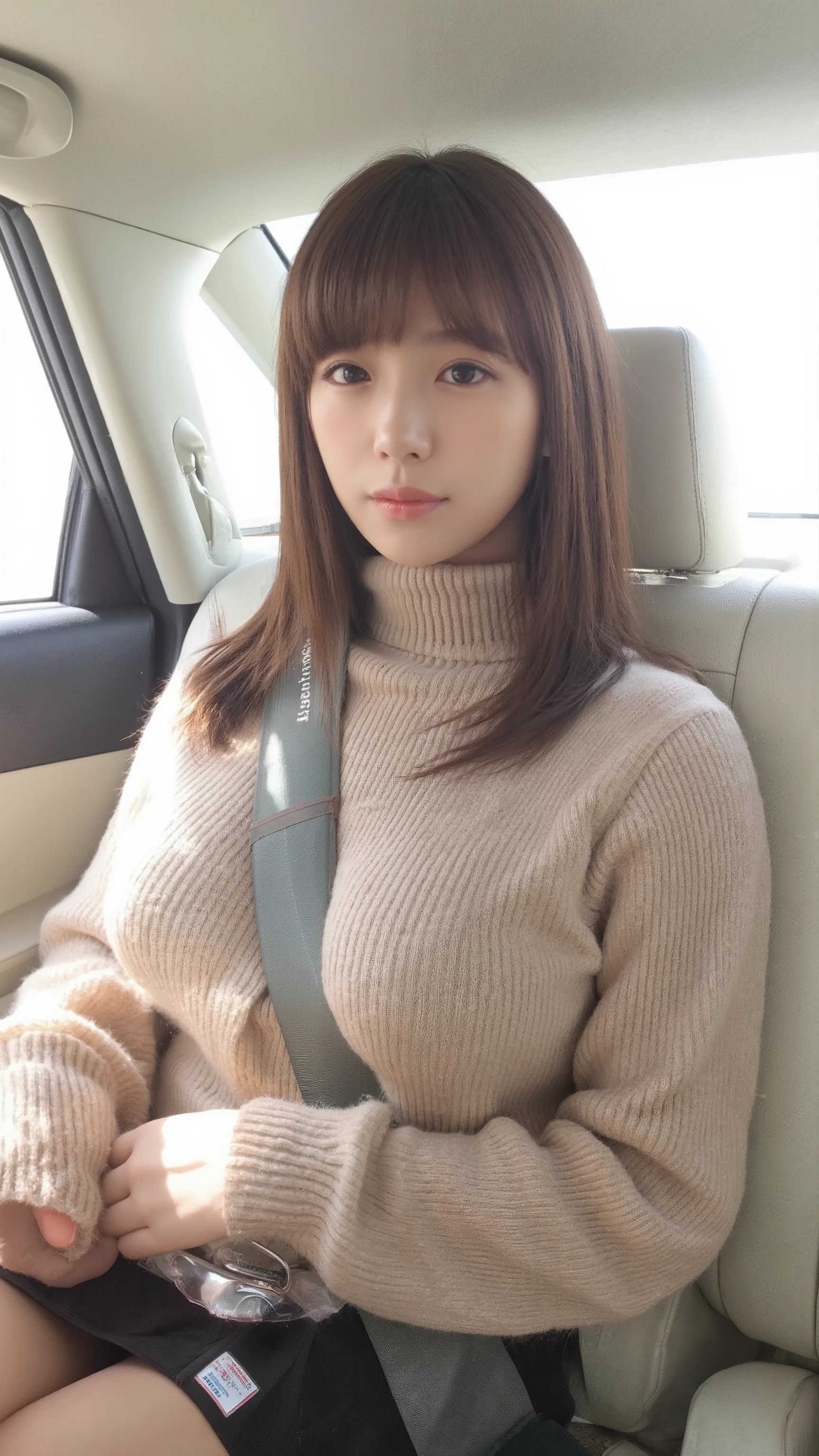girl sitting in the passenger seat of a car 。I'm wearing a beige turtleneck knit and a tight black miniskirt、 with beautiful brown long hair and tanned skin is looking at me with an upward gaze。 car seat belt is passing through my cleavage and eating in、Large breasts are emphasized。Photorealistic image of the composition seen from the front 、(paisla)、(Big Breasts:1.1)、(black sheet、black sheetベルト:1.3)、(It's not whilebackground:1.3)