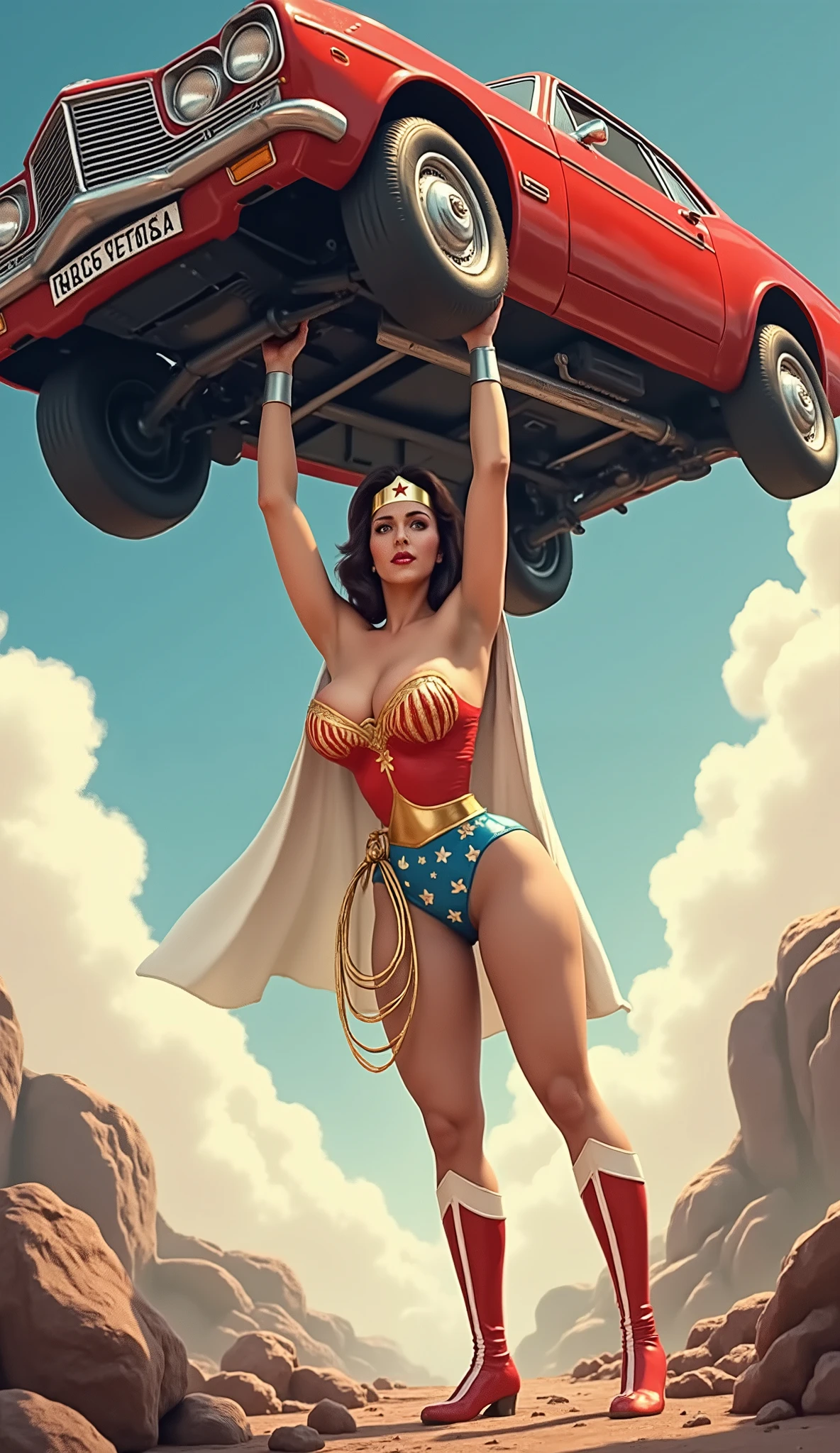 A BLUE PATRIOTIC WITH WHITE STAR CAPE (ACTION CAPTURED PERIL SCENE) (COMIC BOOK STYLE) A SEXY LYNDA CARTER AS THE ICONIC 1960 WONDER WOMAN, WEARING A LATEX WONDER WOMAN COSTUME, LATEX PATRIOTIC BLUE SKIRT, HER GOLDEN LASSO ATTACHED TO THE SIDE OF HER HIP. CRYSTAL CLEAR ART, CELAN CRISP ART, 4K, 8K, MILLIONS OF TEXTURES AND DETAILS. LIFTING A FULL SIZE CAR ABOVE HER HEAD WITH EASE.