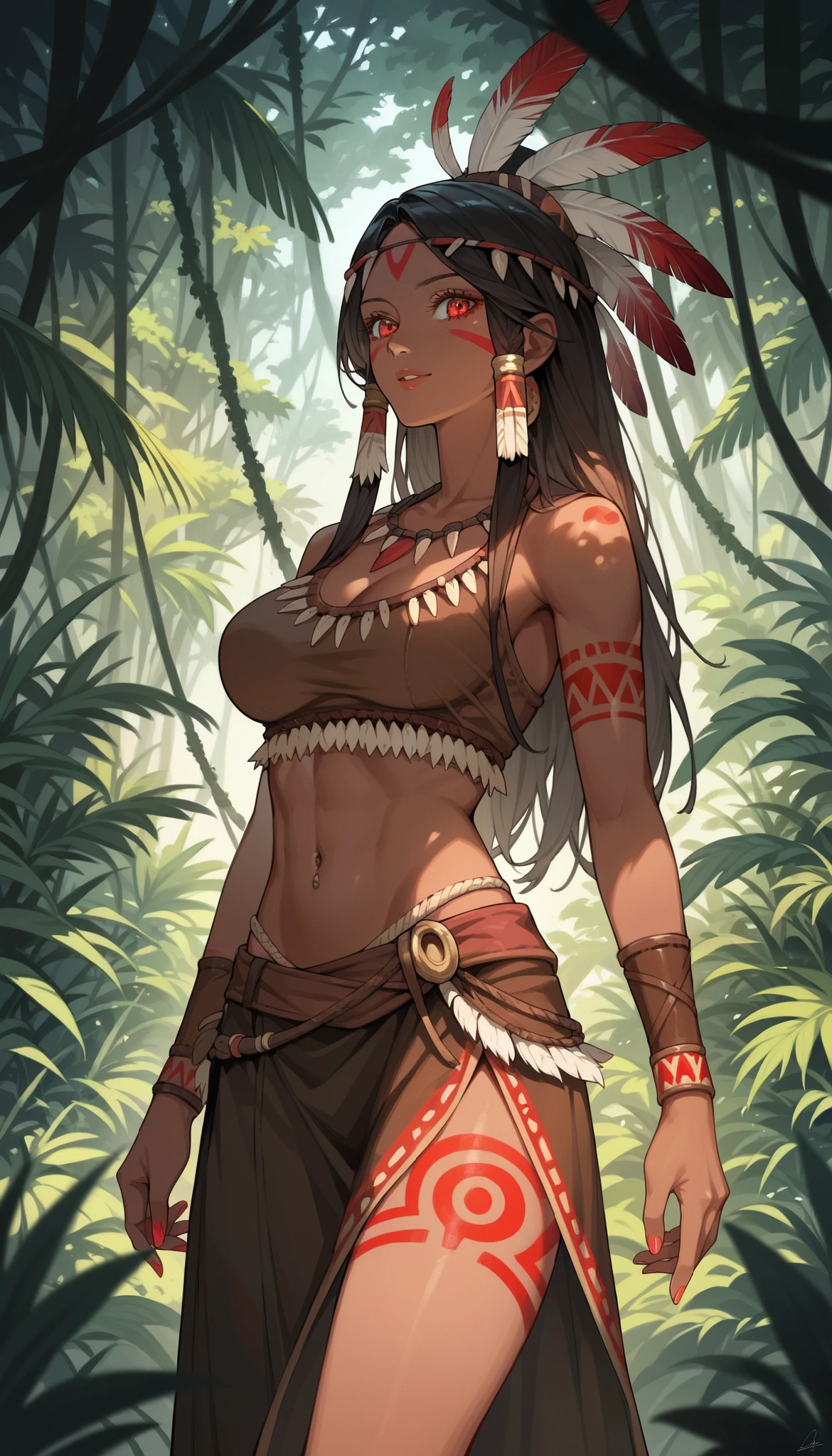 female, rabbit girl, huge black rabbit ears, floppy rabbit ears, very dark skin, black hair, very long straight hair, braided hair, large breasts, tribal clothes, tribal tattoos, thick thighs:0.4, focused, arid jungle forest, hut, black eyes, slightly muscular, bare midriff, cleavage, close up, hunting, mature woman, spear, wound, hurt