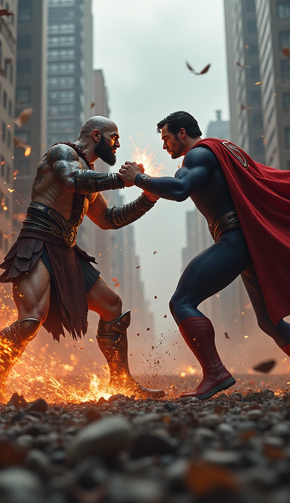 Kratos very strong, fighting with superman in a destroyed city raining.