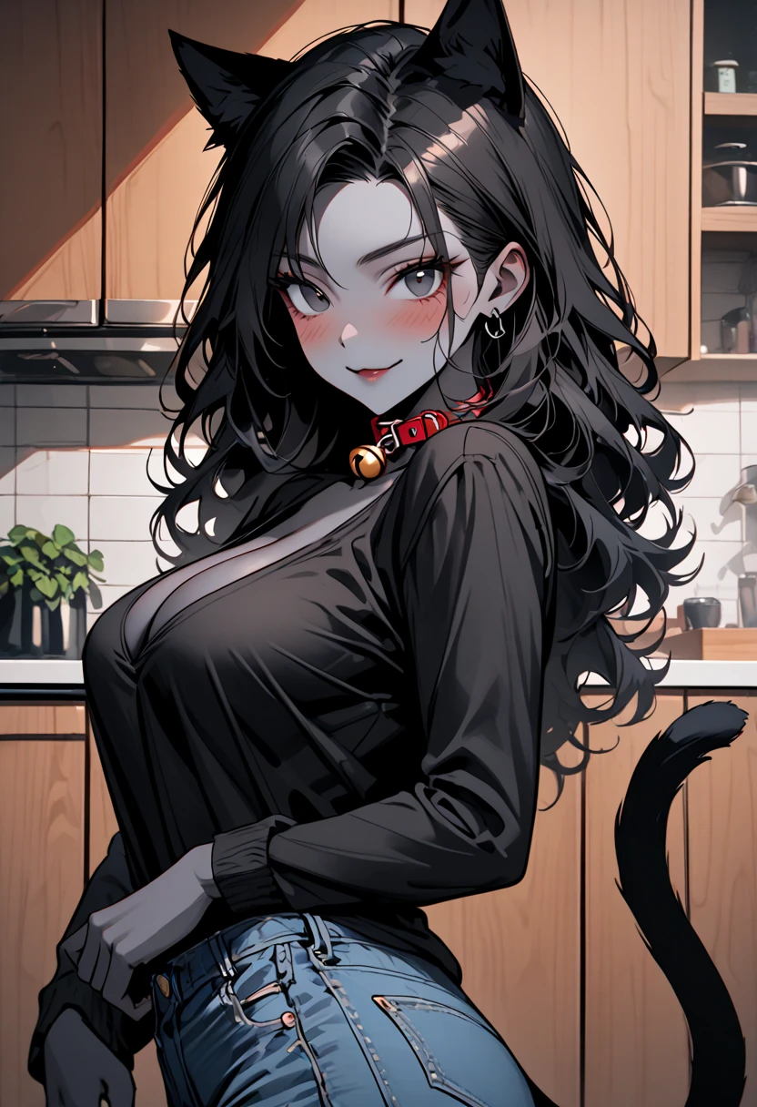 Solo, close up, female, long wavy black hair, pitch black skin, broad shoulders, wide smile, large breasts, mature, black eyes, black cat ears, black cat tail, elegant casual clothes, cleavage, indoors, modern home, muscular:0.8, bell pants, cat collar, bell collar, small wrinkles on face, greying hair, abs, cute cat pose, blush, large woman, 50 years old