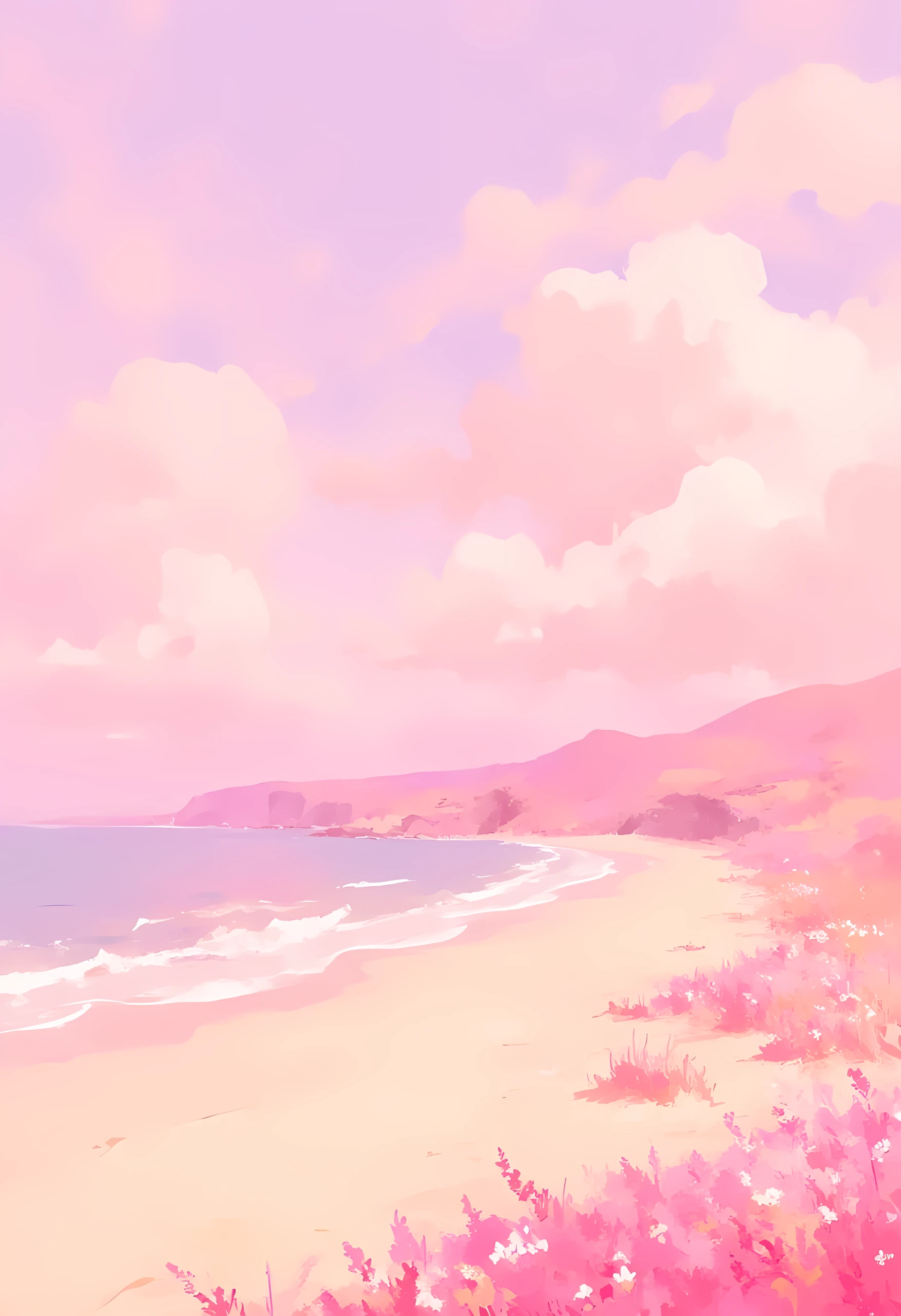 An English beach with soft pink clouds above it. A field of flowers above the coastline, soft pastel anime