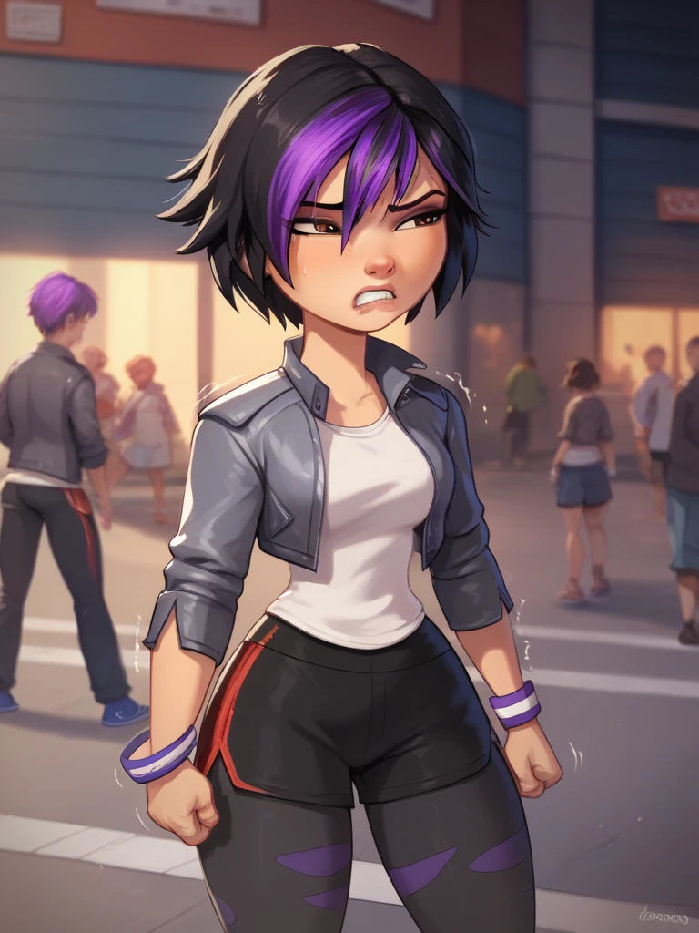 score_9, score_8_up, score_7_up, BREAK, gogotomago, 1girl, solo, short hair, black hair, brown eyes, wide hips, dark-gray jacket, lo purple hair, shorts, bracelet, makeup, casual, cropped jacket, leggings, sleeves pushed up, capri pants, black leggings, brown eyes, medium breasts, lips, standing, sidewalk, street, curb, cold posture, freezing, shivering, shaking, arms stiffened down with tension, clenched fists, legs bending, raised shoulders, chilly, hunched shoulders, frown, clenched teeth, half-closed eyes, night sky, nervous legs, knock knees, knees together, 🥶