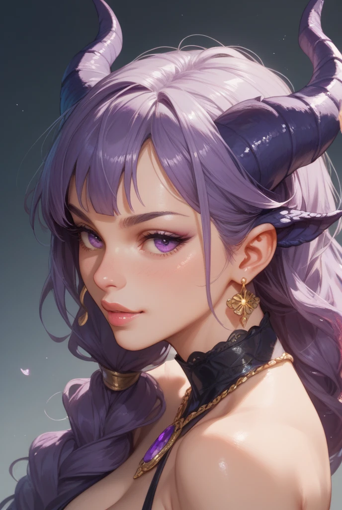 ((highest quality, masterpiece, 4k, finely detailed, detailed eyes, detailed face, intricate details, gelbooru, pixiv)), warm lighting, ((solo)), 1girl, ((long curly purple hair, twin buns, demon horns, bangs with big middle piece)), ((purple eye color, gentle eyeshape)), seductive strong pose, looking at viewer, lips slightly parted, full lips smiling, purple color scheme, big soft breasts, (top with boob window, hot pants, stockings, modern clothing), (((scar on nose))), neo fantasy background, garden background, pink sky, ((standing pose))