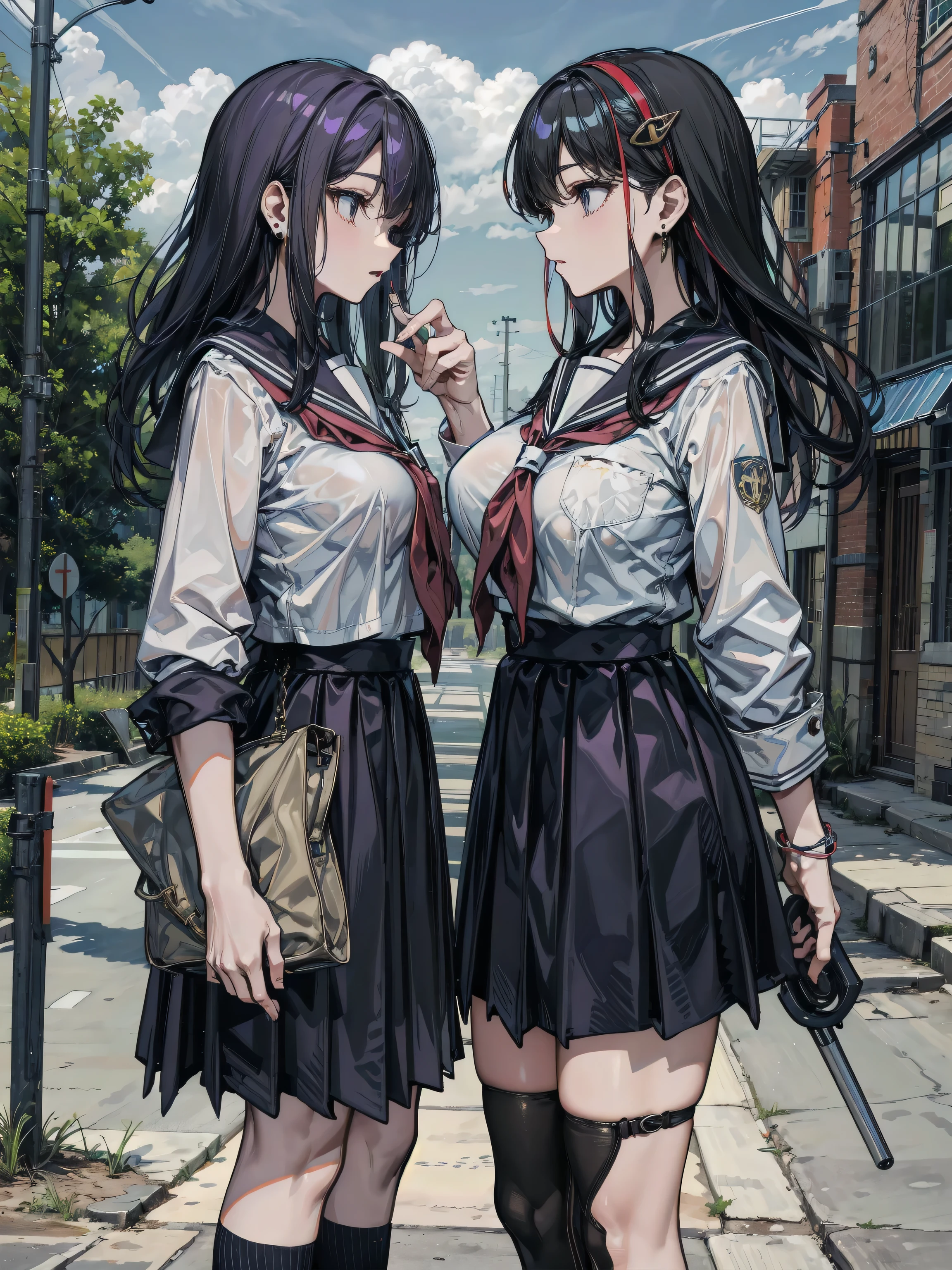 intricate detail, illustration, masterpiece, extremely detailed CG unity 8k wallpaper, highlight, sharpening, dynamic, simple background, (2girls:1.5), 

AND  <lora:Oyashio:0.8>, 1girl, solo, skirt, black hair, oyashio \(kancolle\), shirt, gloves, pleated skirt, white shirt, vest, white gloves, blue ribbon, black skirt, full body, socks, black vest, black socks, ribbon, kneehighs, hair ornament, long hair, short sleeves, hairclip, neck ribbon, school uniform, smile, rudder footwear, dress shirt, collared shirt, looking at viewer, belt, buttons, ankle boots, standing, 
AND  <lora:Hayashio-1:0.8>, 1girl, solo, skirt, shirt, gloves, white gloves, black hair, black skirt, black vest, white shirt, vest, pleated skirt, long hair, blue ribbon, ribbon, full body, black socks, short sleeves, neck ribbon, socks, mole, smile, brown eyes, mole under eye, hair ornament, rudder footwear, hayashio \(kancolle\), kneehighs, school uniform, collared shirt, dress shirt, hairclip, blush, ankle boots, grey footwear, standing, 