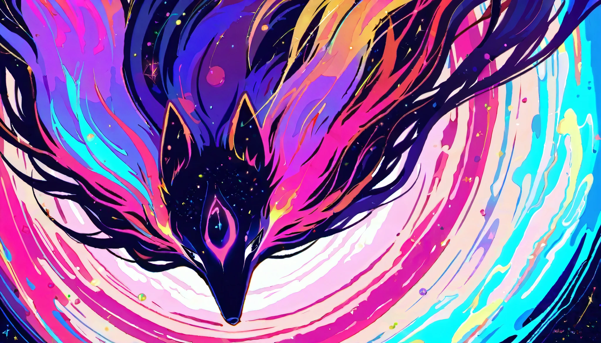 a fox with blue pink purple galaxy fur smoky realistic galaxy with planets and pillars of creations the fox floating around in space, the fox up close flying around