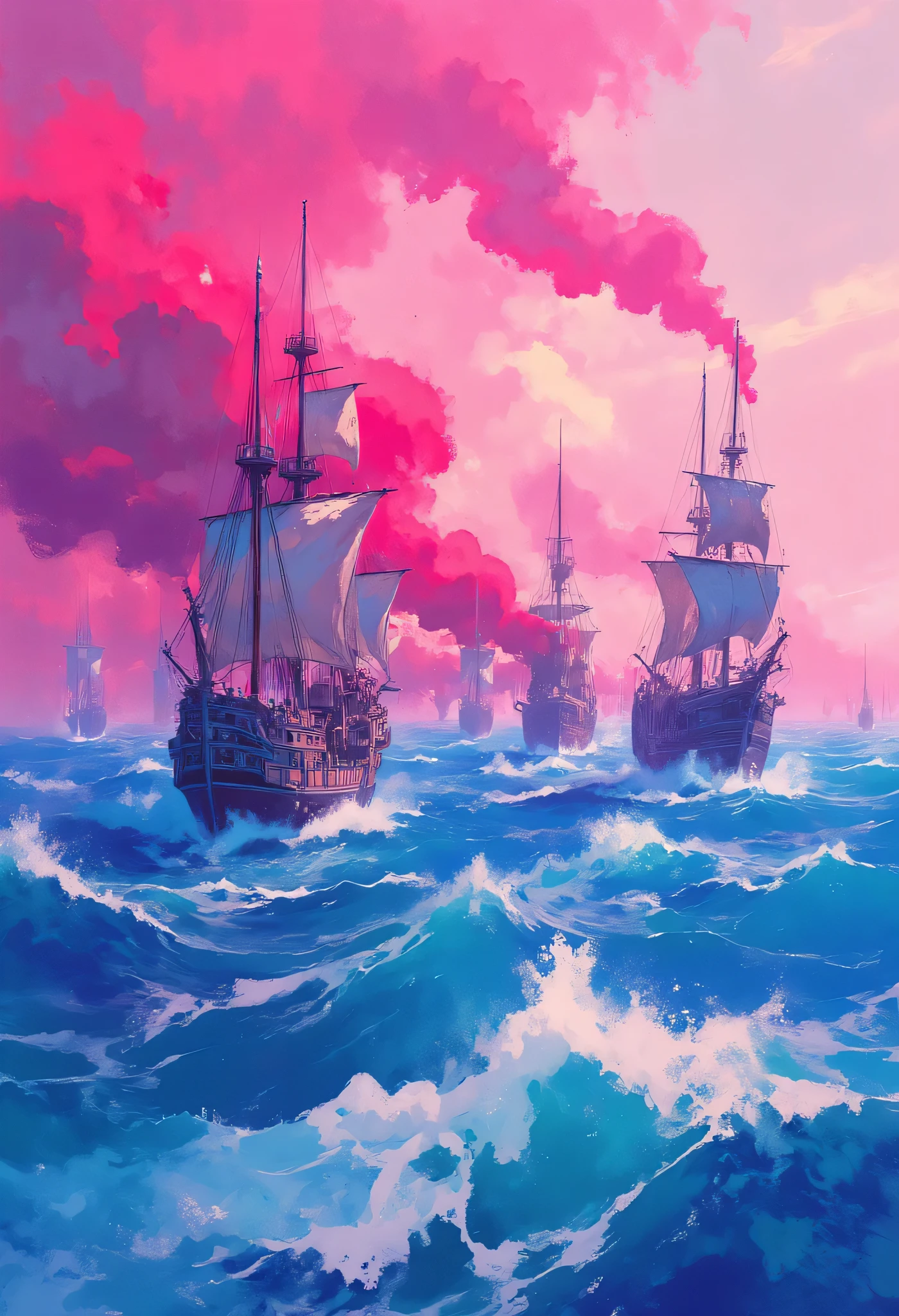 A stormy sea with angry pink clouds above it. Ships being battered, oil painting, anime style