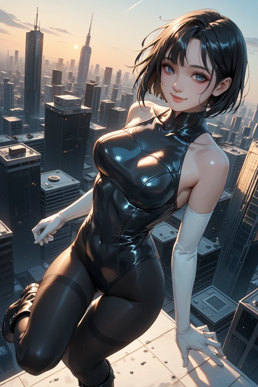 8K, Raw photo, highest quality, masterpiece, Full body, aerial view, cinematic lighting,| Miranda May Kerr stands tall in a white Cyberpunk uniform with pants full armor, and her dark brown hair cascading down her shoulders. Her ultra-detailed face with beautiful features shines in the dimly lit cyberpunk setting. The sleek uniform accentuates her medium height and slender athletic figure. She wears it confidently, showcasing breasts beneath. Dynamic shooting poses to showcase her agility as she moves through the futuristic landscape.