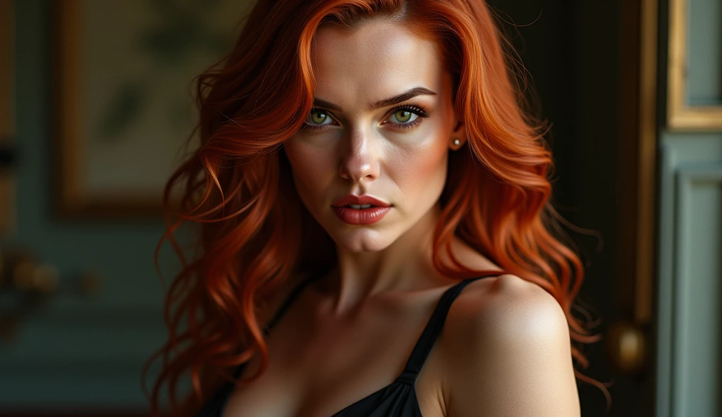 a seductive goddess with large breasts, golden horn on head, long wavy red hair, sensual erotic pose, hyper detailed, 8k, intricate, masterfully captured, cinematic lighting, dramatic colors, chiaroscuro, fantasy, digital art