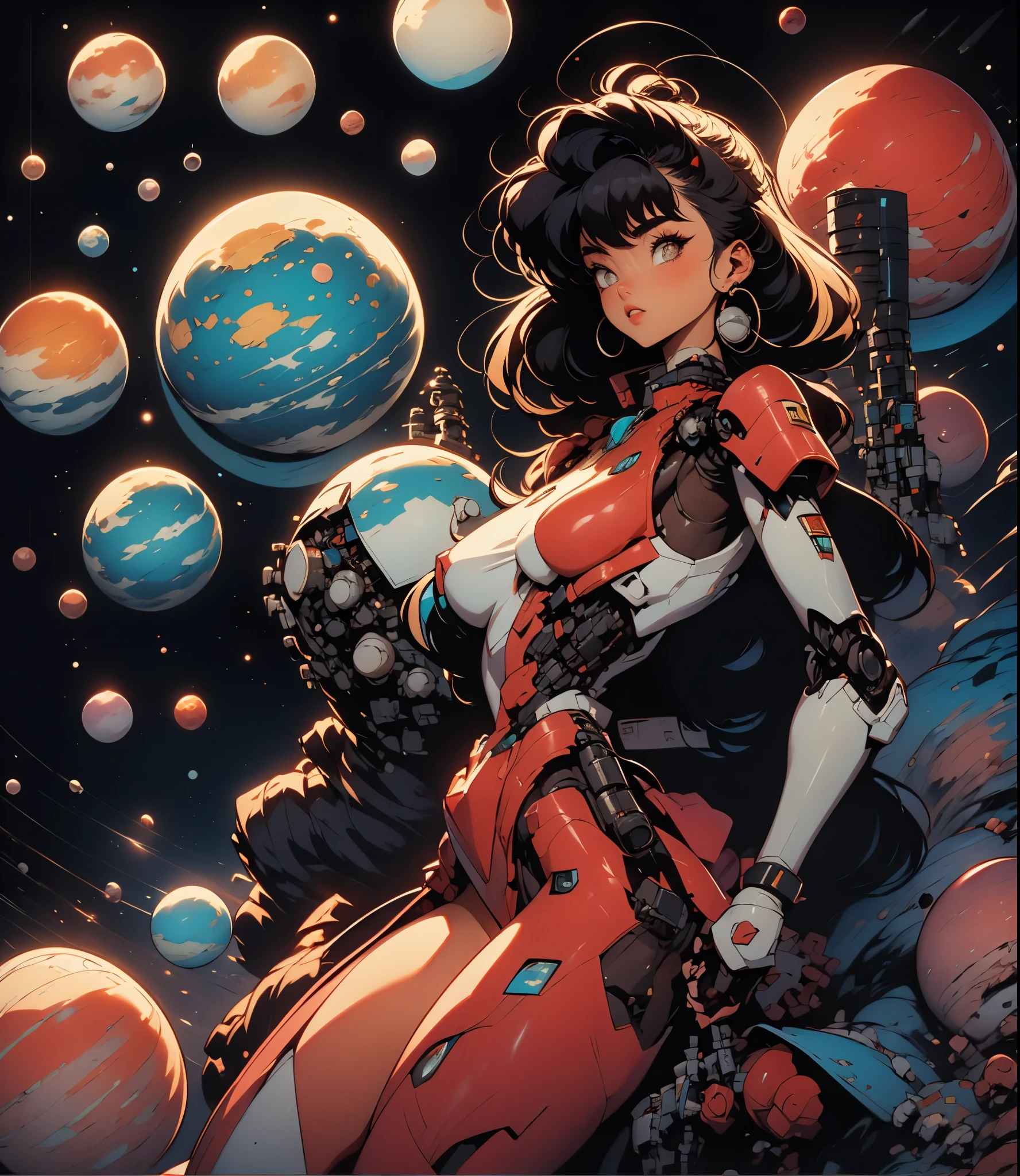1 female mecha robot (1 girl) with guns, años 90, retro. Background: planets, lights