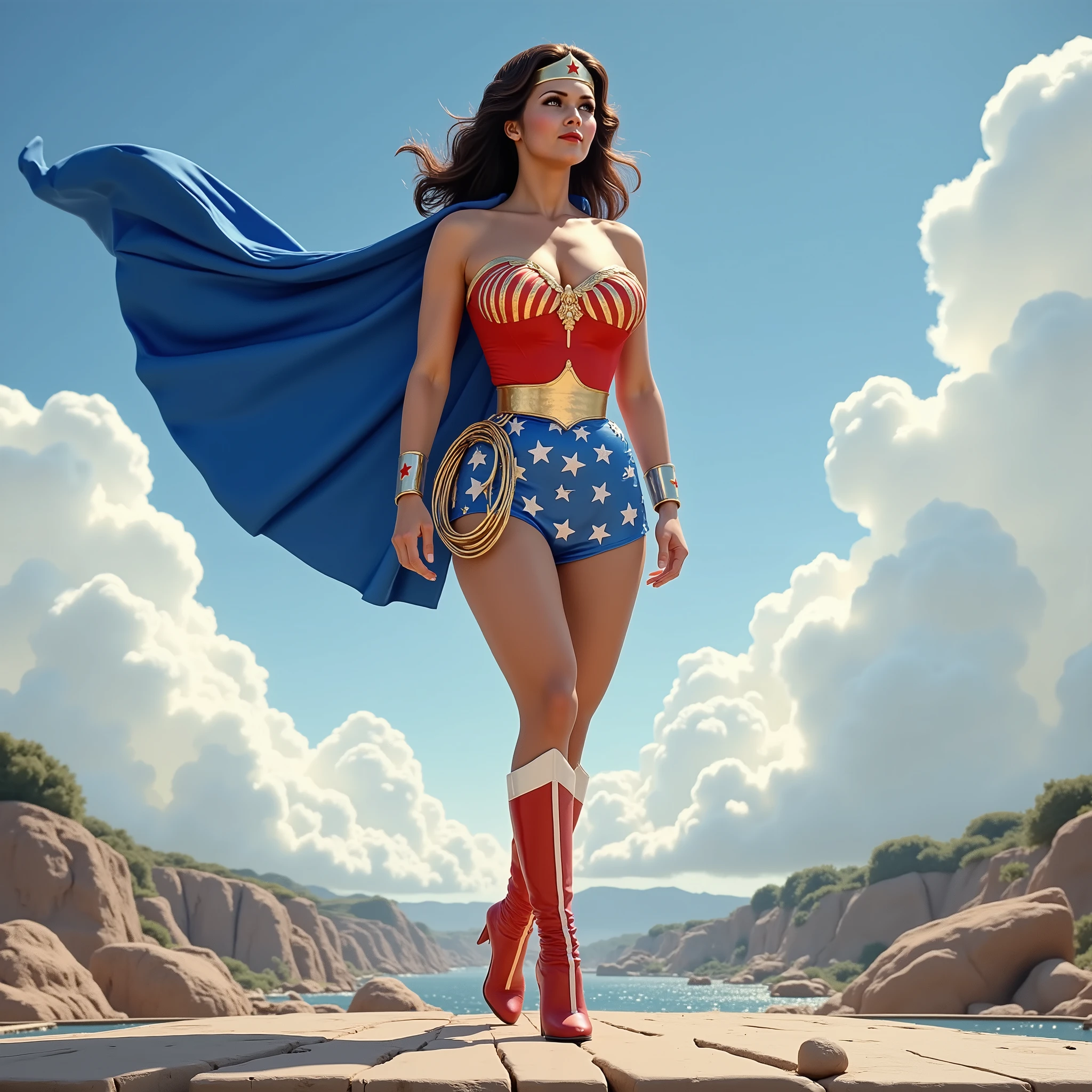 A BLUE PATRIOTIC CAPE (FLYING SCENE)  A SEXY LYNDA CARTER AS THE ICONIC 1960 WONDER WOMAN, WEARING A LATEX WONDER WOMAN COSTUME, LATEX PATRIOTIC BLUE SKIRT, HER GOLDEN LASSO ATTACHED TO THE SIDE OF HER HIP. CRYSTAL CLEAR ART, CELAN CRISP ART, 4K, 8K, MILLIONS OF TEXTURES AND DETAILS.