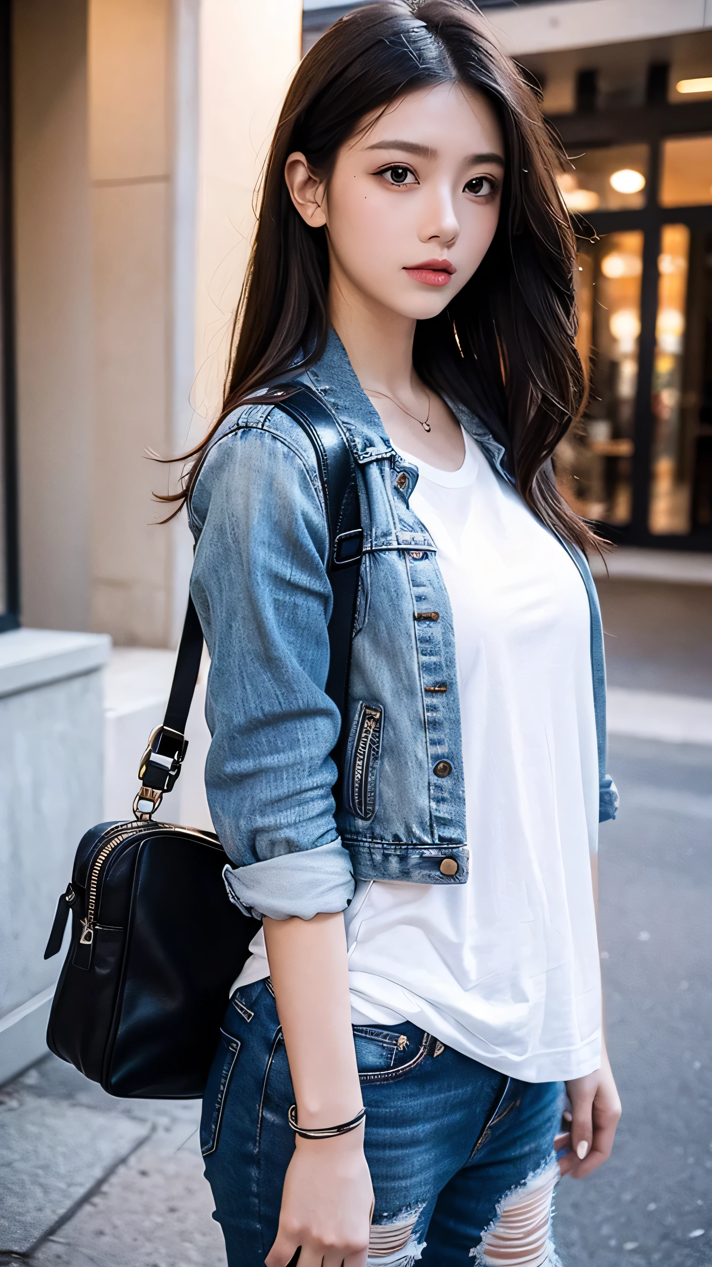 ( Masterpiece:1.2,  top quality), 1 Female, Alone, Full body high definition images Pair a chic, edgy leather jacket with a classic white t-shirt and distressed jeans for a relaxed, confident vibe with minimal makeup and a messy bang (  Music festivals and trendy downtown neighborhoods  ) Statement sunglasses and oversized jewelry ,  with a convenient crossbody bag 。