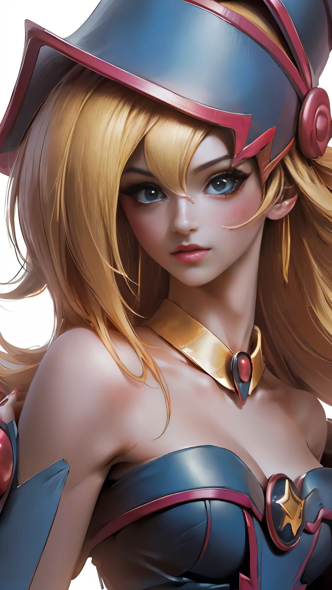 beautiful face dark Magician girls,blond hair. blue eyes. pink lips. blush on the cheek, Glass eyes, brio in the eyes, Thick and long eyelashes. big breasts. pose sensual