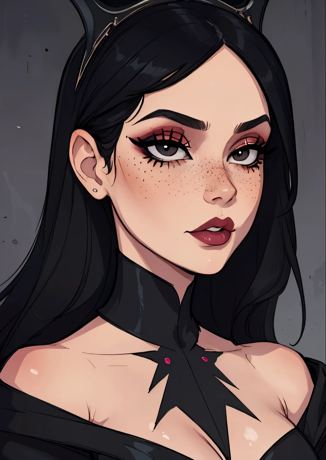 masterpiece, best quality, 1female, beautiful, face portrait, deep makeup, 1girl, face focus, makeup, black hair, eyeliner, exaggerated makeup, goth, freckles, black eyes, dark duchess