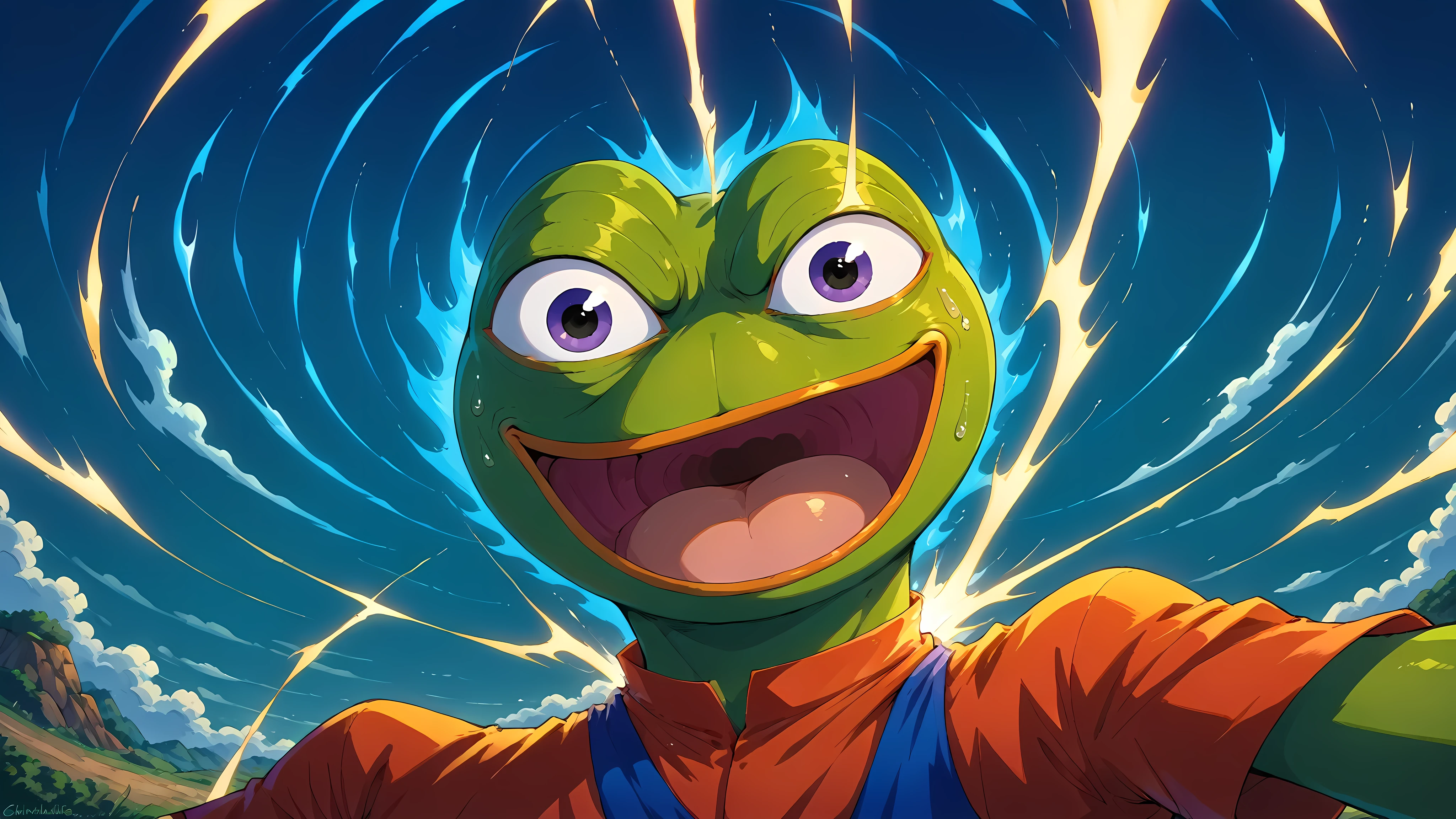 Pepe Frog, facial close up, Detailed_Background, Dynamic Poise, Action scene, action pose, dynamic composition, (anthropomorphic frog, large round pepe head, wide pepe eyes, frog mouth, closed mouth), (anthropomorphic frog),(anthropomorphic frog, classic pepe features, characteristic wide eyes, focused expression), 1boy, (anthropomorphic frog, classic pepe head, wide signature eyes, joyful battle grin), 1boy, characteristic pepe proportions, One Piece Style, Luffy aesthetic, straw hat, battle-torn red vest, rolled-up shorts, black hair, cartoon physics, rubber stretching effects, godlike aura, nimbus clouds, lightning strikes, dramatic white energy swirls, freedom embodied, high contrast lighting, masterpiece, dynamic composition