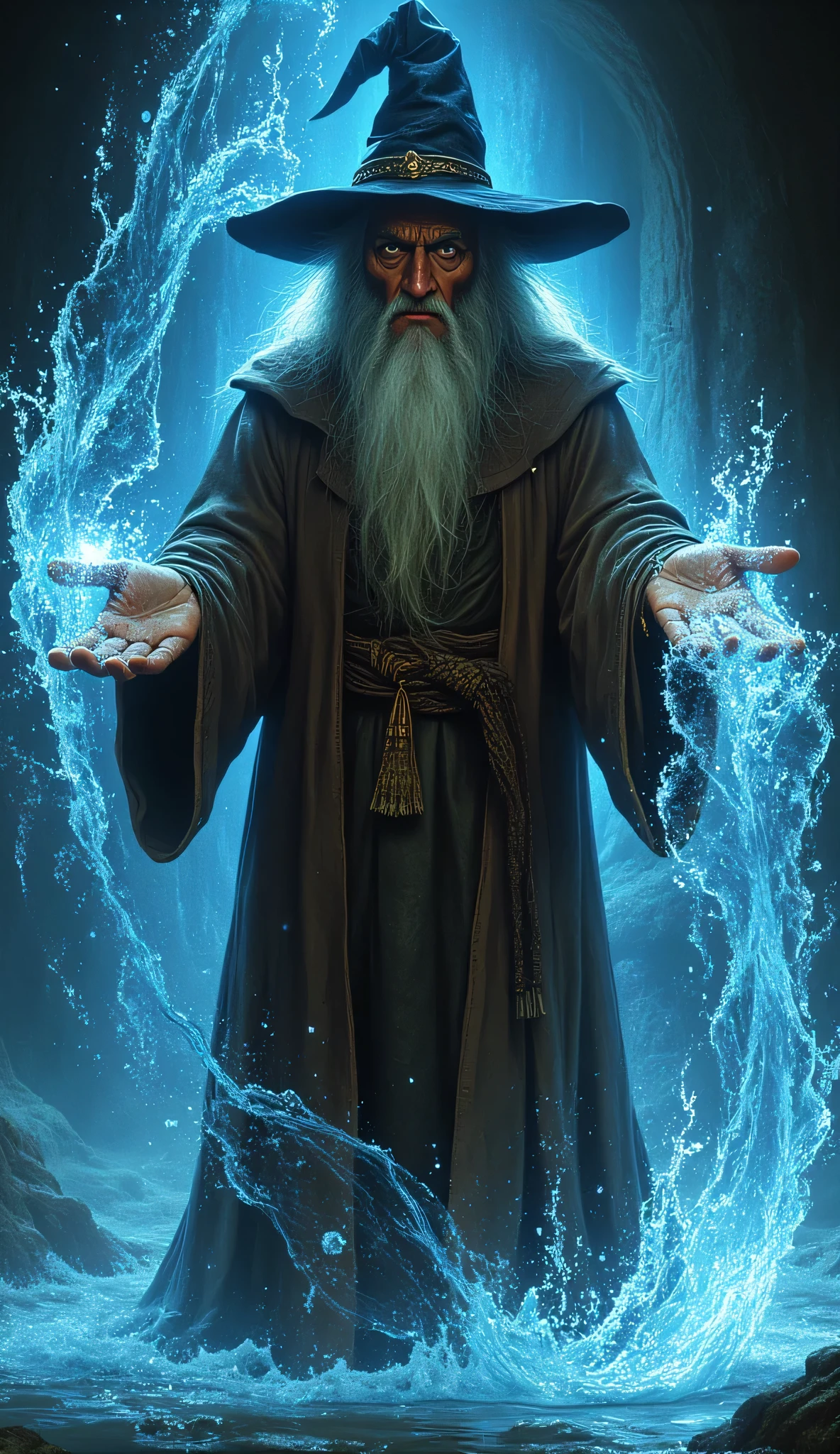 an enigmatic old wizard, wearing a bown tunic, with a big mage black point black hat, are a magic water and ice in your hands