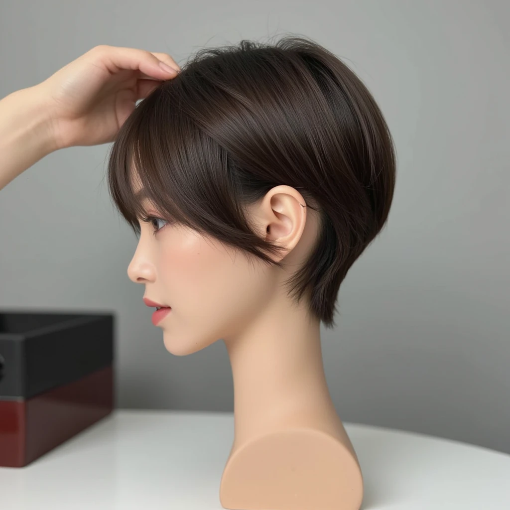 ((highest quality))、(masterpiece:1.4)、RAW photo、8k、((best image quality))、 ((High resolution))、Beautiful face in every detail、realistic human skin、gentle expression、(one woman:1.3 )、realistic、Photoreal、(short hair)、layer cut、(cute woman:1.2)、(cute japanese girl)、(boyish:1.4)、(mannish)、((Beautiful woman))、(beautiful hair)、((dark brown hair))、(((red cheeks)))、(her eyes are big)、20 year old beauty、(small face:1.3)、small head、((long neck))、white skin、spotless skin、With bangs、everyone praises、日本のBeautiful woman、8 heads tall、(necklace)、haircut model、((beauty salon))
