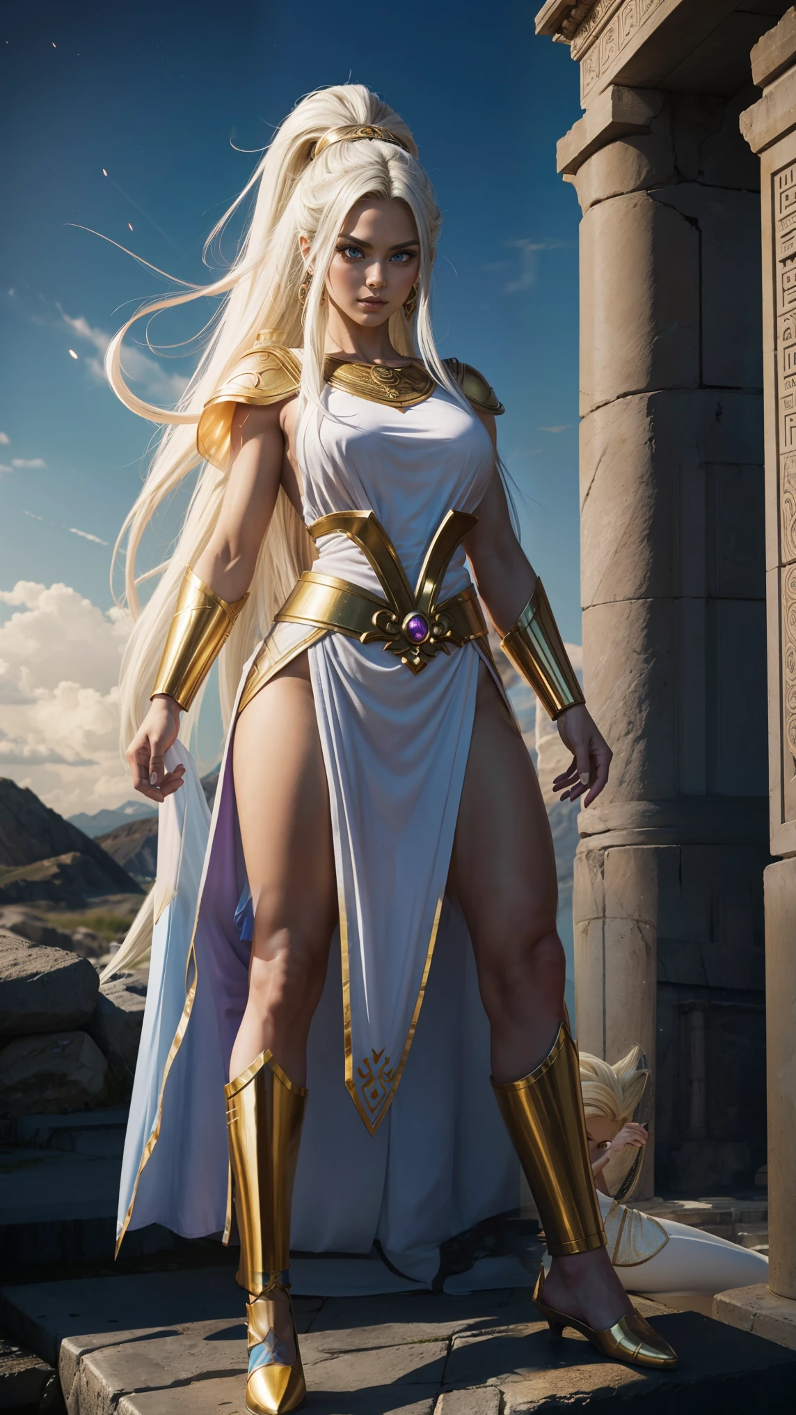 A full body image , in the iconic manga style of Dragon Ball Z , portraying a dazzling and slender woman , with a well-defined and imposing physique . Her long white hair flows around her face , highlighting her blue and vibrant skin her Purple eyes. She wears an ancient Greek tunic , richly detailed, that flows elegantly , giving her an aura of divinity . Her expression transmits majesty and power , like a heavenly entity or mythological warrior , radiating an imposing and sovereign presence .