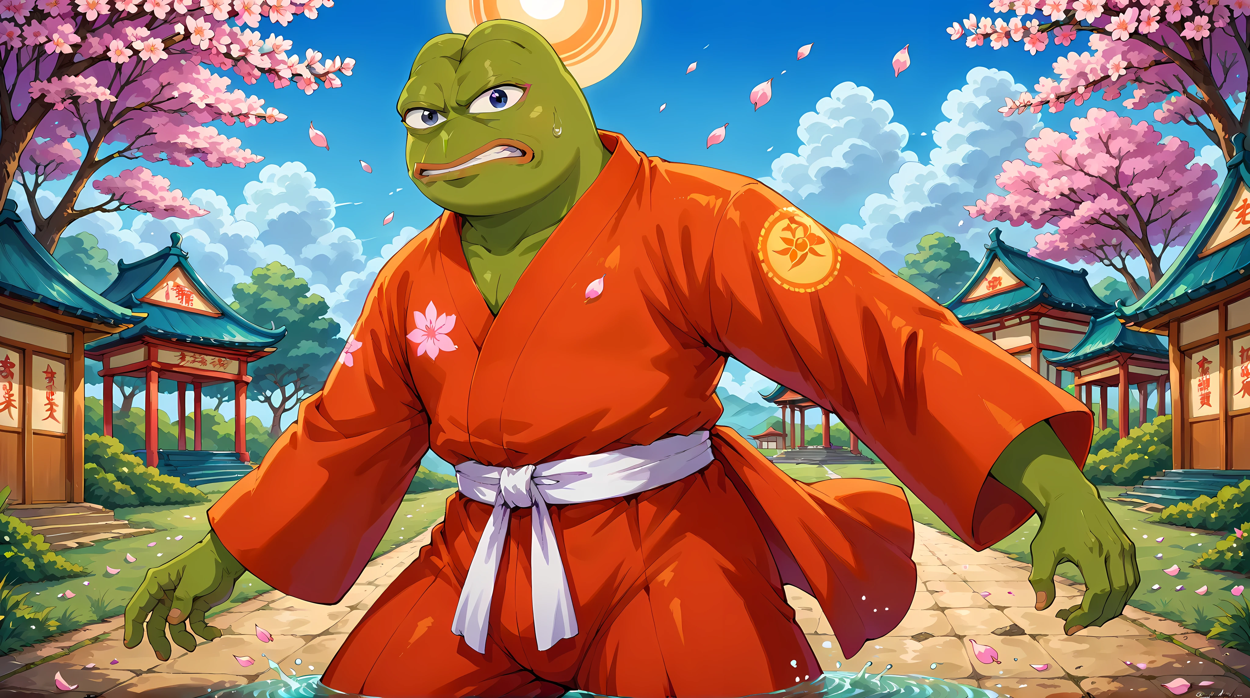Pepe Frog, Maximum_Detail, Dynamic Pose, (anthropomorphic frog, samurai pepe face, determined eyes, bandaged expression), 1boy, armored pepe form, One Piece feudal style, Luffy wano outfit, traditional robe, straw sandals, kabuki elements, rising sun background, cherry blossoms, japanese architecture, ink wash effects, cultural motifs, [NC], traditional art fusion