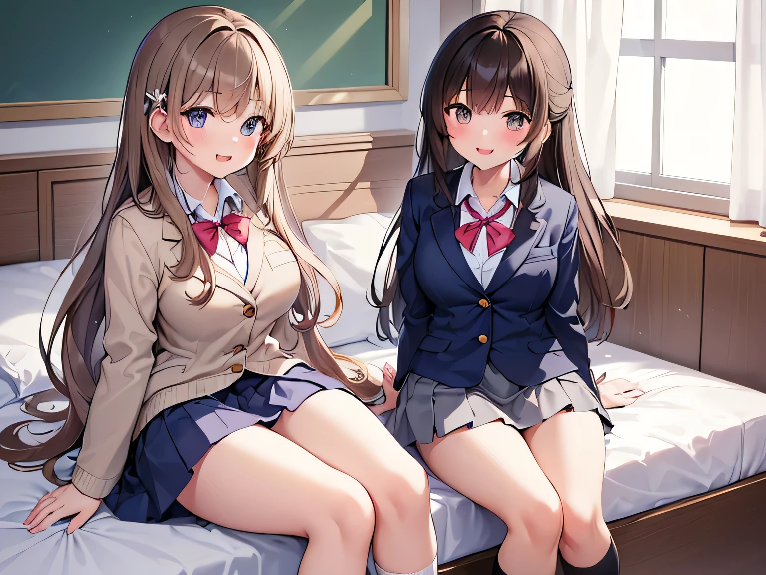 ((masterpiece、highest quality、Super detailed))、One girl、((Brown skin:1.3))、Blonde、Long Hair、Wavy Hair、Grey Eyes、evil smile、((Grin))、Large Breasts、((White collared shirt))、Sleeve twisting、((Black pleated skirt))、((baggy socks))、Loafers、sitting, knees up、Gym storeroom