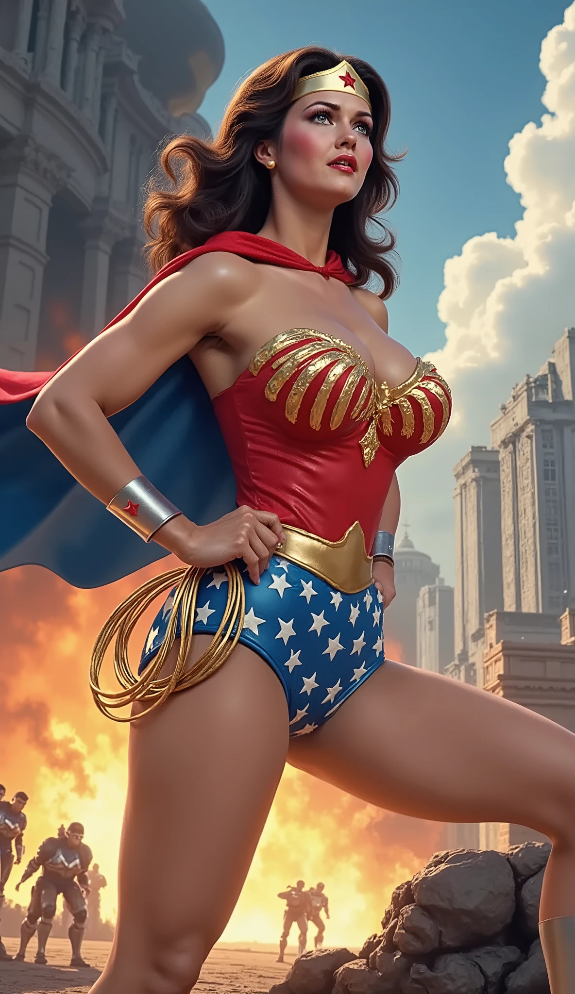 (HELPLESS PERIL SCENE) (COMIC BOOK STYLE) A SEXY LYNDA CARTER AS THE ICONIC 1960 WONDER WOMAN, WEARING A LATEX WONDER WOMAN COSTUME, LATEX PATRIOTIC BLUE SKIRT. A TRI-COLOR PATRIOTIC WONDER WOMAN CAPE. HER GOLDEN LASSO ATTACHED TO THE SIDE OF HER HIP. CRYSTAL CLEAR ART, CELAN CRISP ART, 4K, 8K, MILLIONS OF TEXTURES AND DETAILS. SAVING THE WORLD.