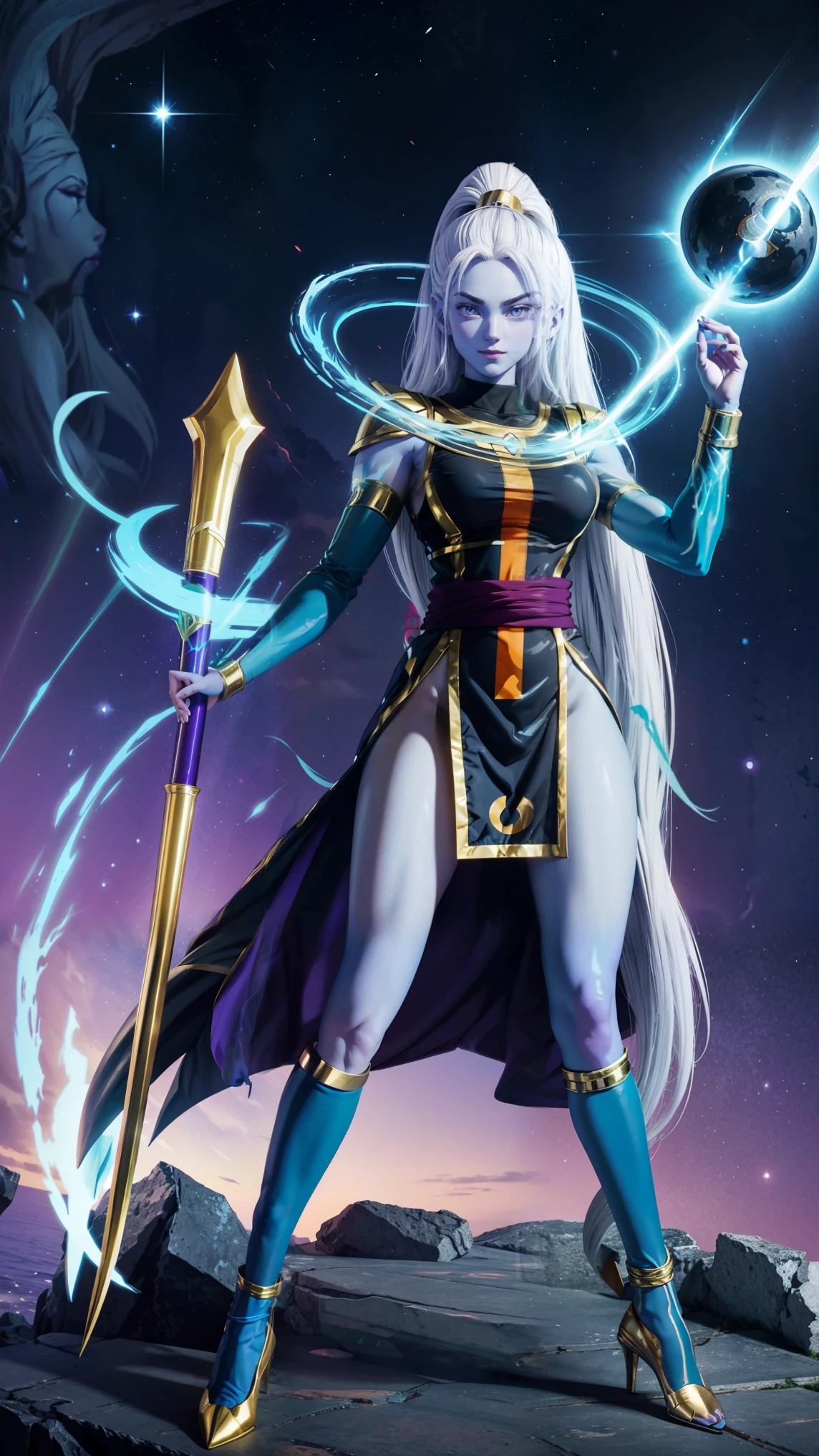 A full body image , in the iconic manga style of Dragon Ball Z , portraying a dazzling and slender woman , with a well-defined and imposing physique . Her long white hair flows around her face , highlighting her blue and vibrant skin her Purple eyes. She wears an ancient Greek tunic , richly detailed, that flows elegantly , giving her an aura of divinity . Her expression transmits majesty and power , like a heavenly entity or mythological warrior , radiating an imposing and sovereign presence .