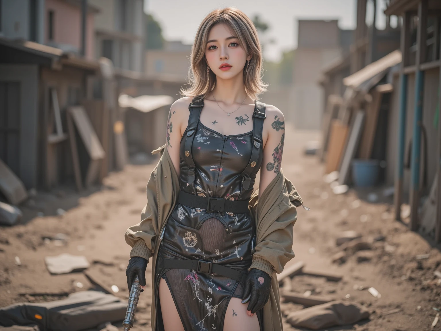 Sweet girl dress2,dress, ((yushuxin, 1girl ,Alone)),(((Miss))), (((better quality))), (((masterpiece))), (((aldult))), (((1 girl))), ((( bob hairstyle ))), (( National Science Foundation )), Miss aged 25 with a muscular body;, (( bob hairstyle )), clear skin, Simon Beasley (Simon Bisley),  showing off wild urban style, blonde short hair, minimum attire, There is metal protection on the left arm，With complex graphics, deep red，With white stars and black and white splashes, armor, full of thorns, (((From the knee up))), White blond short hair, Wall in background painted by Shepard Fairey，Complex design