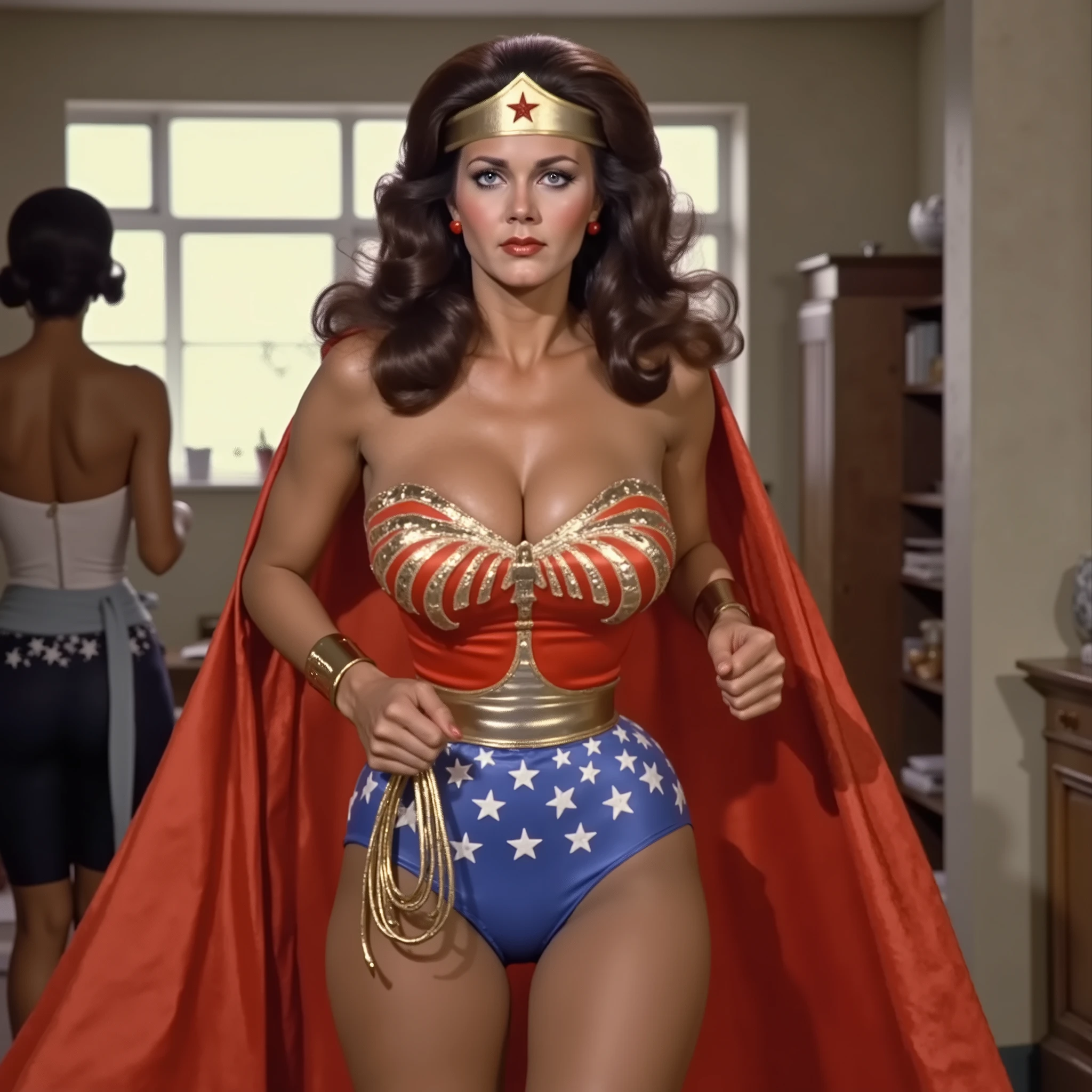 . A SEXY LYNDA CARTER AS THE ICONIC 1960 WONDER WOMAN, WEARING A LATEX WONDER WOMAN COSTUME, LATEX PATRIOTIC BLUE SKIRT, HER GOLDEN LASSO ATTACHED TO THE SIDE OF HER HIP, AND A RED WONDER WOMAN CAPE WHILE RUNNING. CRYSTAL CLEAR ART, CELAN CRISP ART, 4K, 8K, MILLIONS OF TEXTURES AND DETAILS.
