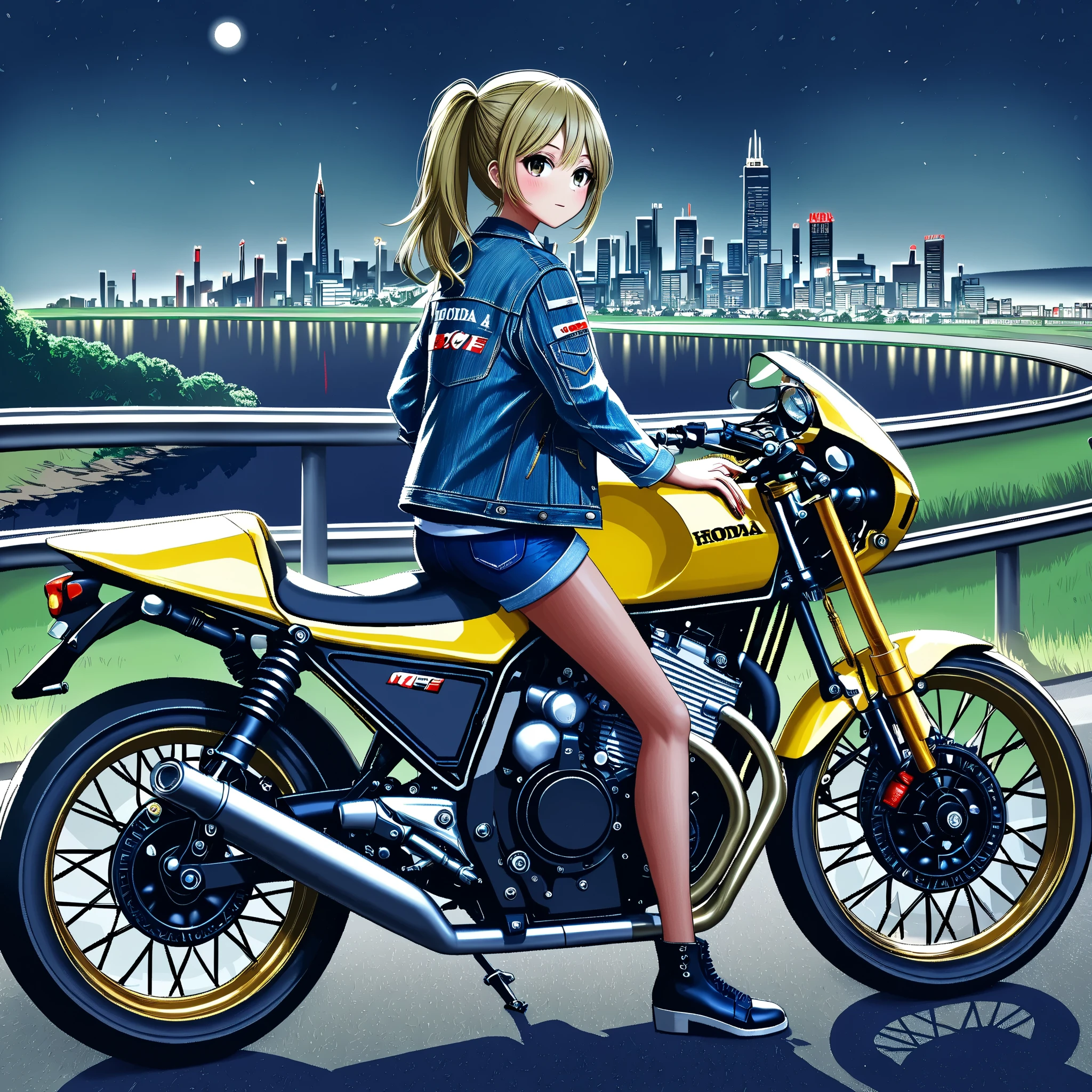 One cafe racer tuned motorcycle/CBX400F/One Girl Riding {/ Ouka-chan/}、 HONDA Racing Inline 4 Cylinder Engines 、 Titanium Frame 、Titanium full exhaust pipe 、 Magnesium Wheels 、Race Tires 、 racer separate handle、 racer back step 、 Competition Vehicles without Safety Parts 、 Accurate Wheelbase 、Accurate scale、Hilltop road overlooking the night view of the big city、 glossy skin、Denim jacket、 SHORT JEANS