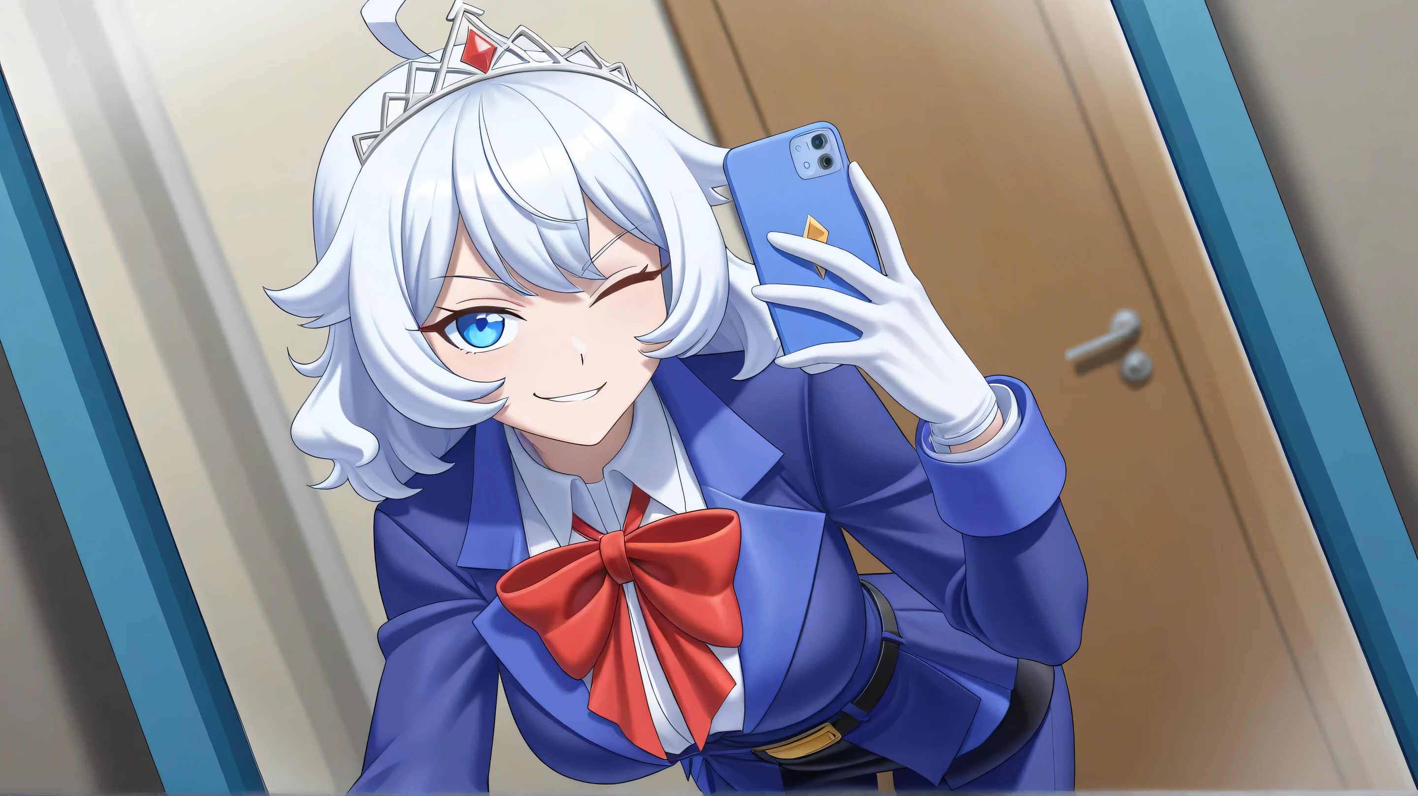 score_9, score_8_ upwards, score_7_ upwards, eastnik_anime, One, 1girl, mirabelle , smirk, looks at the viewer, selfie, with phone , white hair, ahoge, a tiara, blue eyes , one eye closed , blue jacket, long sleeves , black swimsuit, white shirt, red bow, white gloves, Blue pants, belt, indoor skirt, mirror