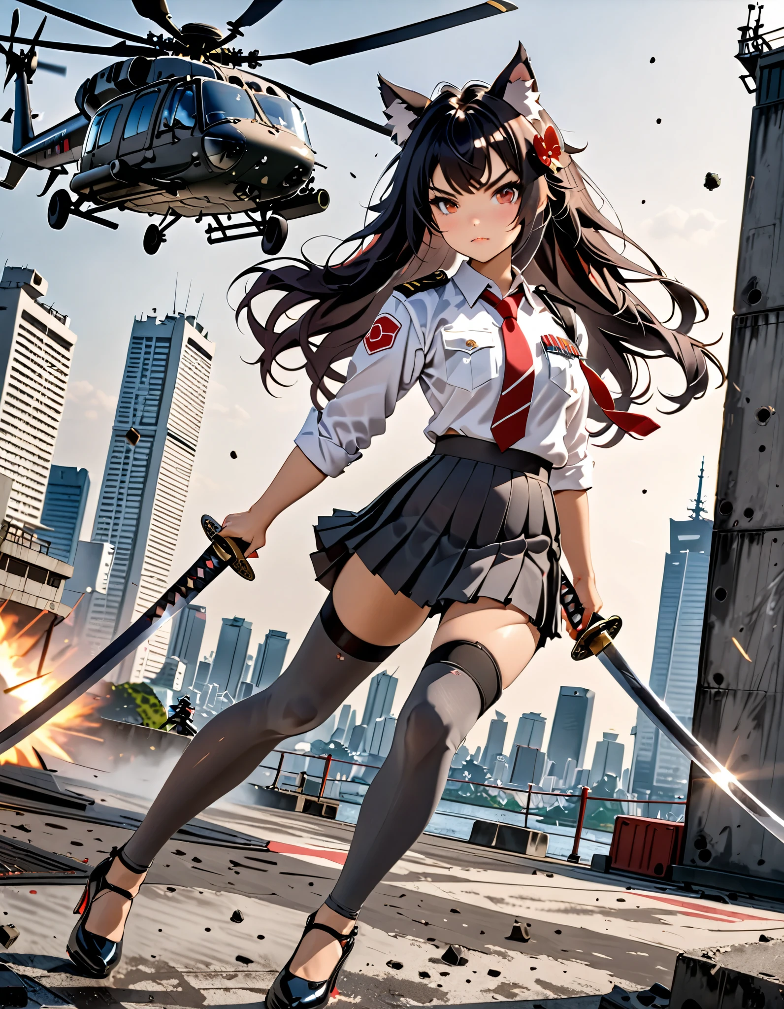 masterpiece, best quality, high res, 4k, 8k, solo focus, 1girl, female samurai, Japanese military officer, (catgirl:1, furry ears:1.2), college-aged female, ((long hair, black hair, hair ornament)), white-collared shirt, red necktie, shoulder holster, (full dark grey leggings), (pleated skirt:1.4, biker shorts:1.3), (high heels), ((dual weilding katana swords)), aggressive battle stance, Tokyo skyline, wharf, (a military helicopter hovering above:1.2), concrete ground riddle with bullet holes, dutch angle, intense atmosphere, intense expressive. Action shot.