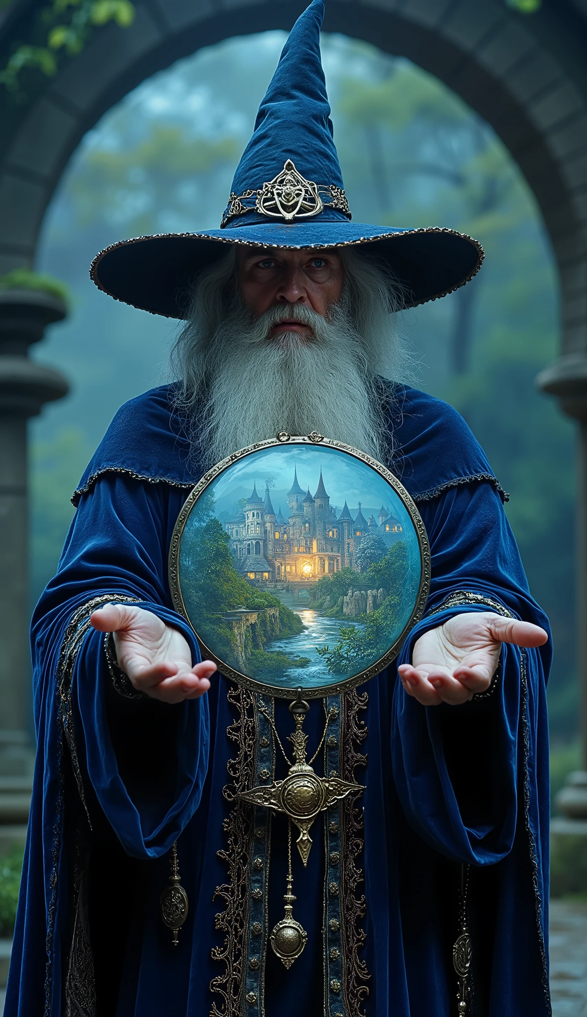 an enigmatic old wizard, wearing a blue luxury robe, with a big mage black point black hat, he is generating between his two hands a round three-dimensional portal to another era, it is possible to visualize a village inside this portal