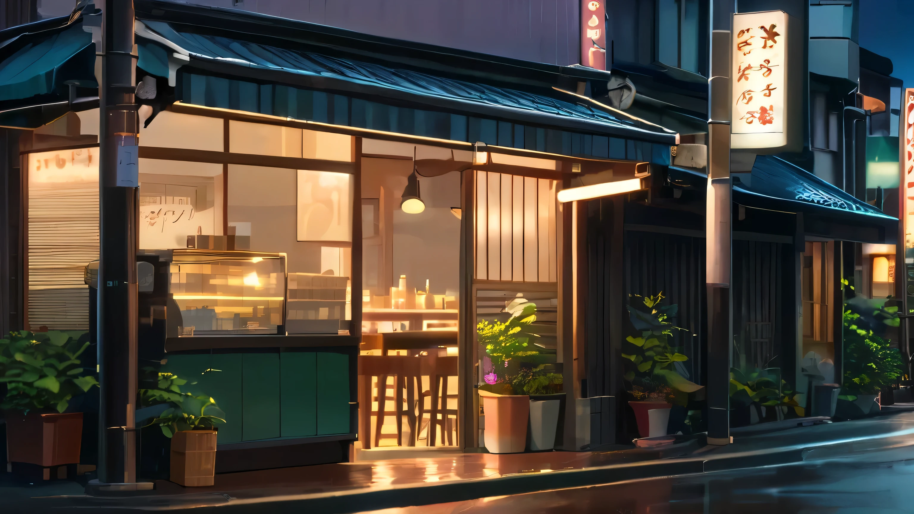 Generate an image of a deserted street at night with a Lofi Aesthetic coffee shop, highlighting the illuminated sign and light poles in the background , Makoto Shinkai' conceptual art, tumblr, magical realism , beautiful anime scenes, cloudy sky. by Makoto Shinkai, ( ( Makoto Shinkai ) ), anime background art, anime funds, Makoto Shinkai'Style, anime movie backgrounds, without humans. Urban Japan