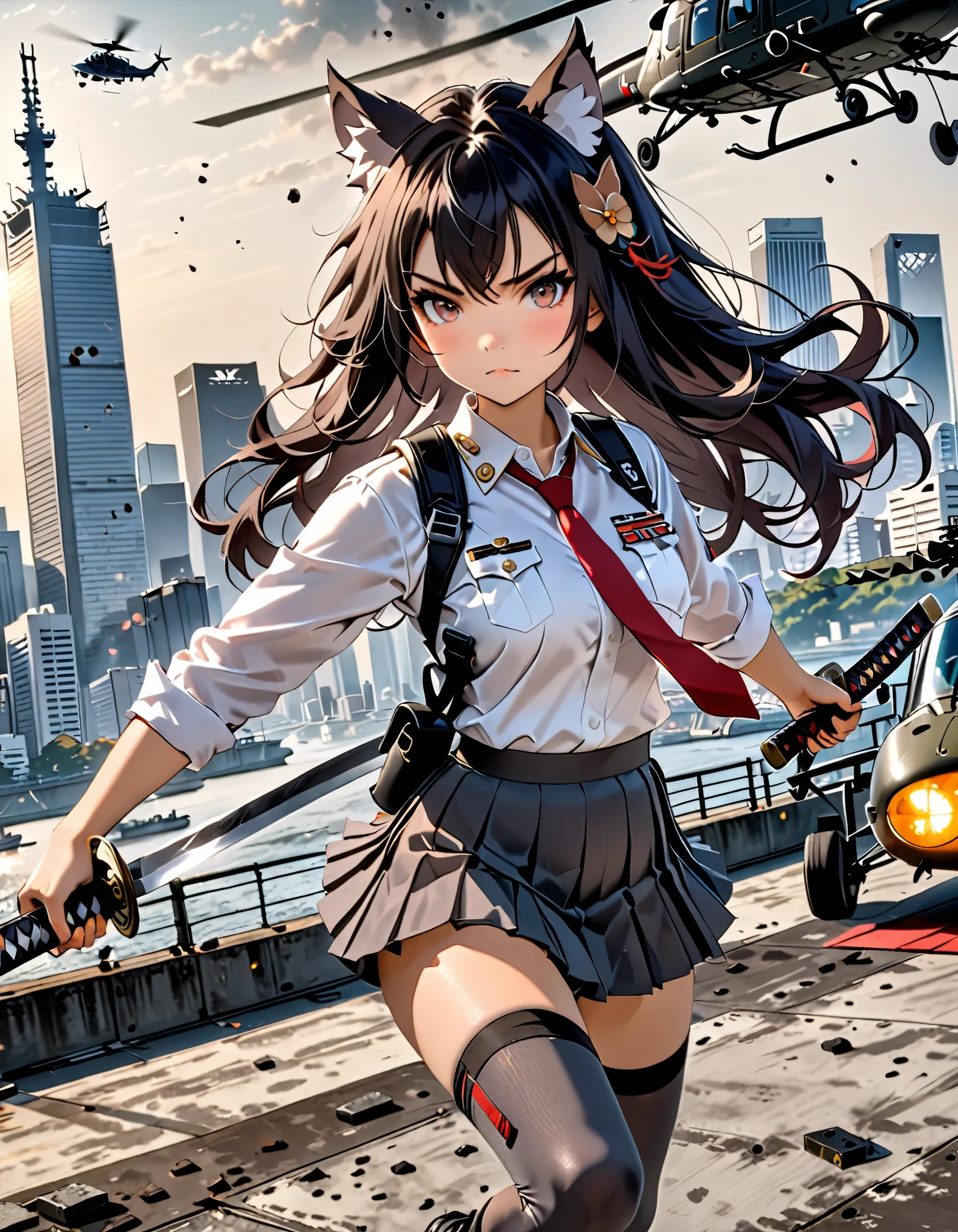 masterpiece, best quality, high res, 4k, 8k, solo focus, 1girl, female samurai, Japanese military officer, (catgirl:1, furry ears:1.2), college-aged female, ((long hair, black hair, hair ornament)), white-collared shirt, red necktie, shoulder holster, (full dark grey leggings), (pleated skirt:1.4, biker shorts:1.3), (dark grey high heel boots), ((dual weilding katana swords)), aggressive battle stance, Tokyo skyline, wharf, (a military helicopter hovering above:1.2), concrete ground riddle with bullet holes, dutch angle, intense atmosphere, intense expressive. Action shot.