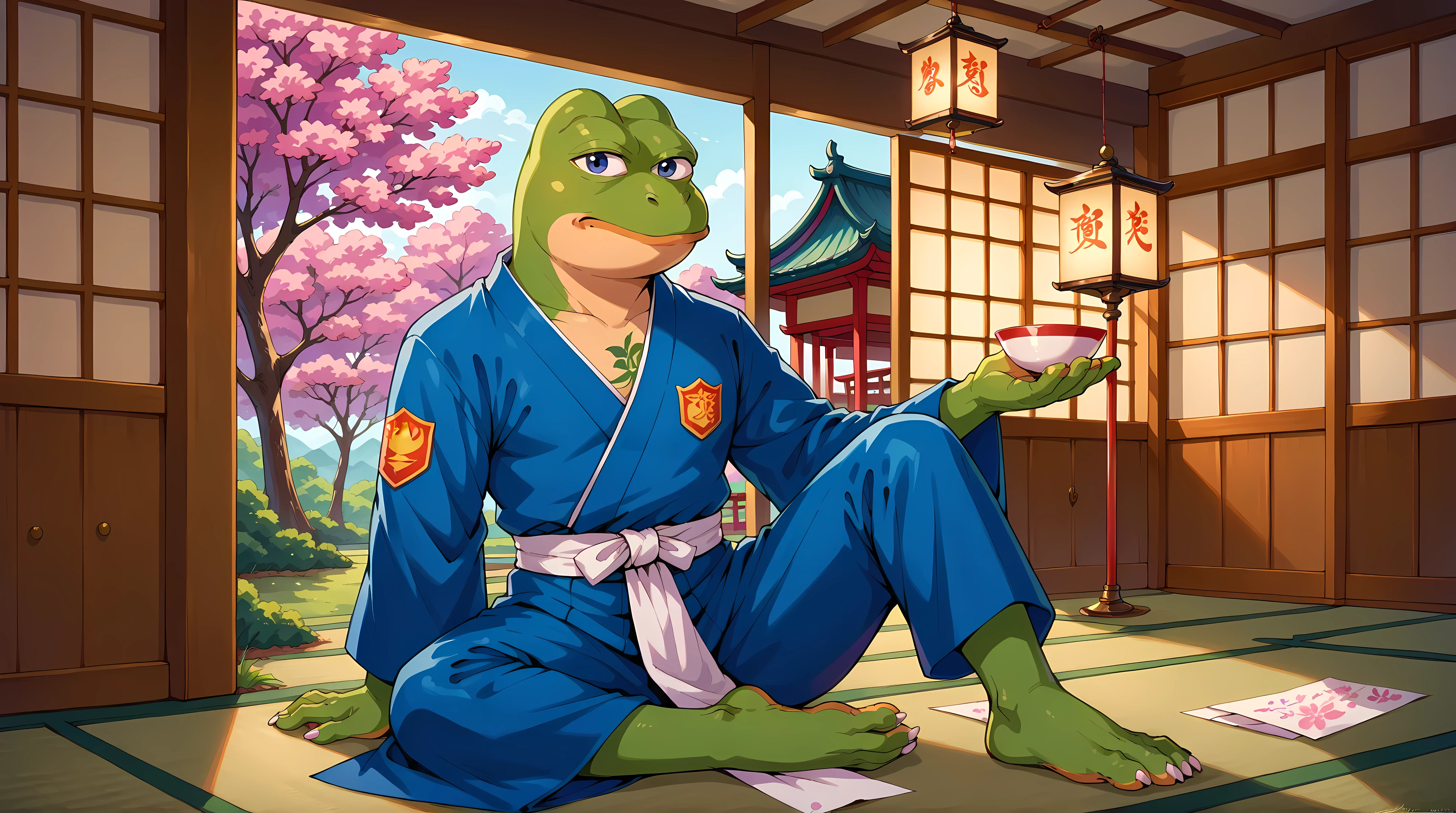 Pepe Frog, Maximum_Detail, Dynamic Pose,Pepe Frog, Maximum_Detail, Dynamic Pose, (anthropomorphic frog, traditional pepe features, honor-bound eyes, stern expression), 1boy, imposing pepe form, traditional kimono, full body tattoos, dragon imagery, sitting on tatami, paper lantern lighting, traditional room, cherry blossom view, sake set, katana display, incense smoke, [NC], traditional Japanese aesthetic