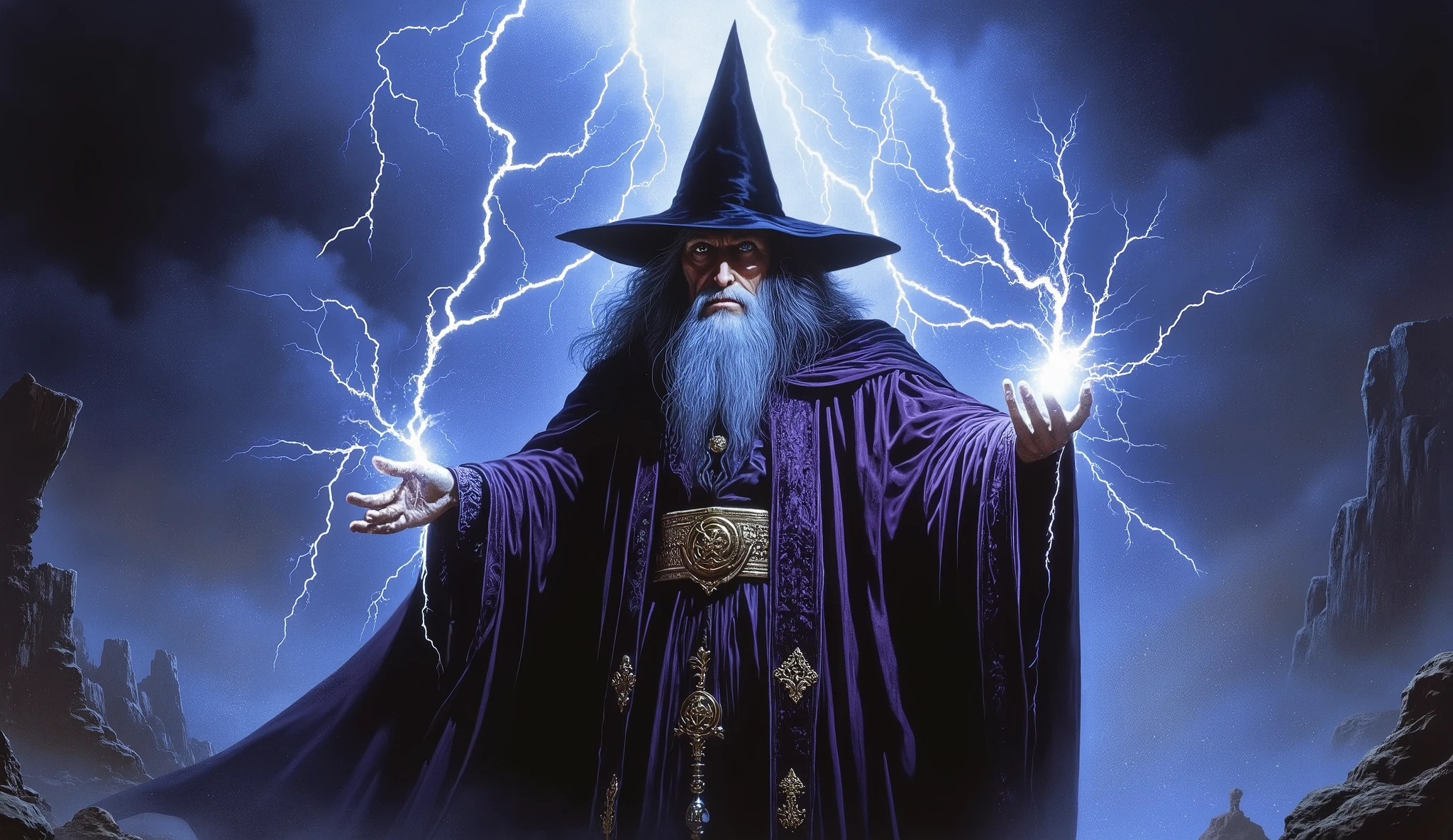 an enigmatic very old wizard, wearing a purple luxury robe, with a big mage black point black hat, are thunderlights in your hands