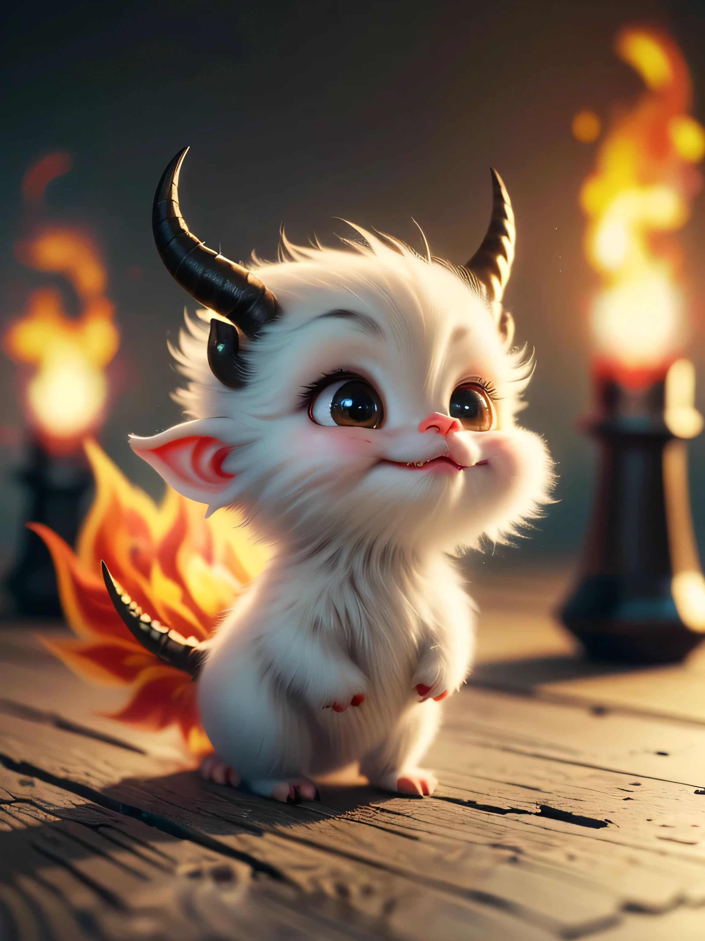 Realistic airbrush illustration, hyper-realistic acrylic airbrush illustration, a very cute little imp with horns and a tail. He is dressed in dark colors and has a mischievous and slightly sinister expression on his face. A small trident or fireball to his hands. The background dark and mysterious, with shadow and fire. Octane Rendering, Grain, Noise, Conceptual Art, Detailed Painting, Digital Illustration, Hyper-Detailed Fantasy Art, Digital 3D Art, Sharp Focus, Masterpiece, Fine Art