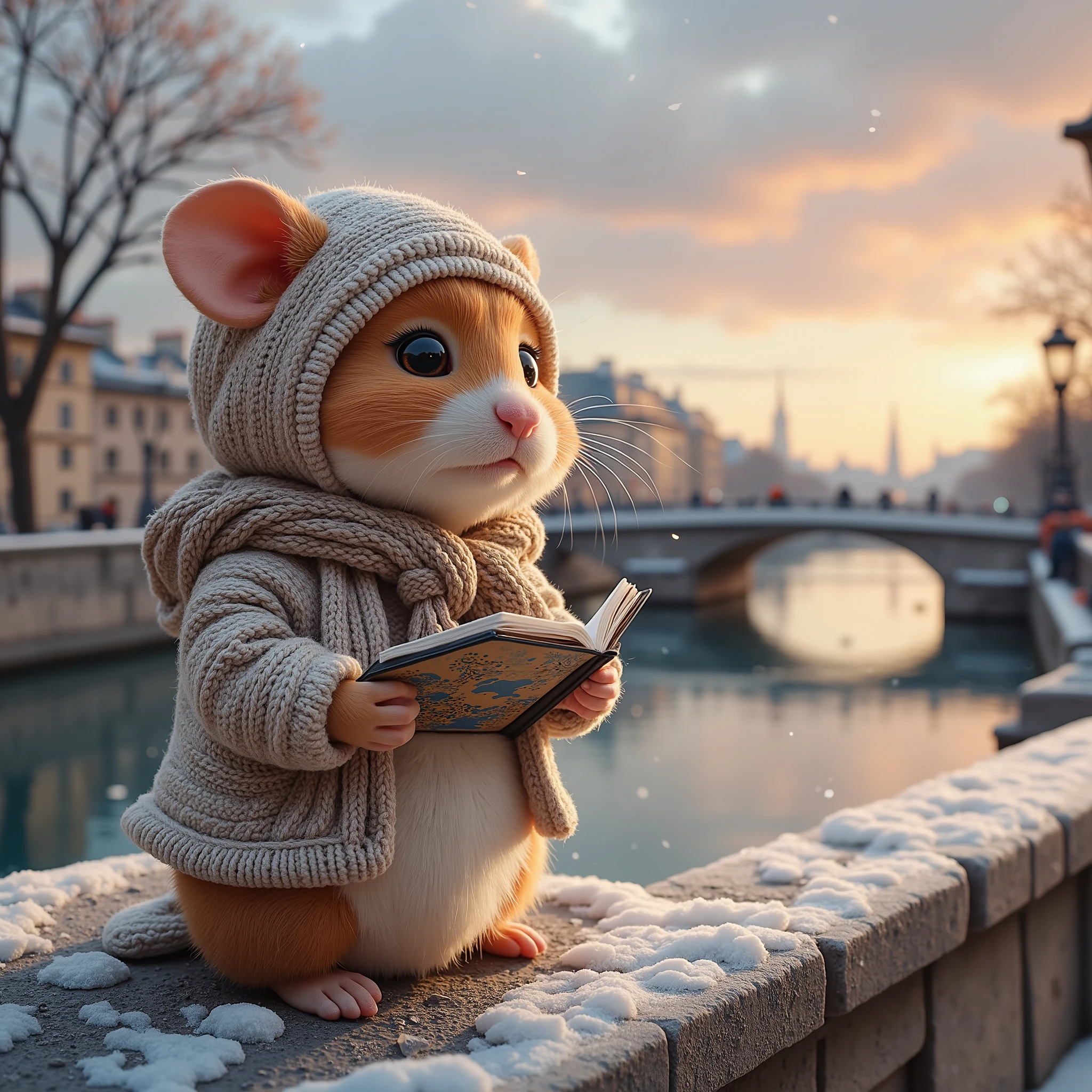 imagine a picturesque Parisian winter day 。そこには楽しい hamsterが, on a panett's fluffy, wearing a snowcrystal-patterned hoodie , stands on a historic stone bridge overlooking the quiet Seine . ( hamster) Looking over the surface of the water , Reflections of ancient bridges and charming riverboats dance in the gentle flow. the sky swirling pastel canvas , heralding the arrival of dusk . street lights starting to light up , casting warm light on the frozen cobblestones . Passersby , dressed in scarves and hats , hamsterが小道を散歩する, I can see breath in the cold air . This scene captures the essence of Parisian romance and serenity , hamsterの存在が少し風変わりな雰囲気を加える. holding a small sketchbook , capturing the reflection of this quiet moment , my own little adventure Write down . This fusion of idyllic solitude and bustling surroundings 、 praises the quiet beauty and unexpected inspiration of winter .