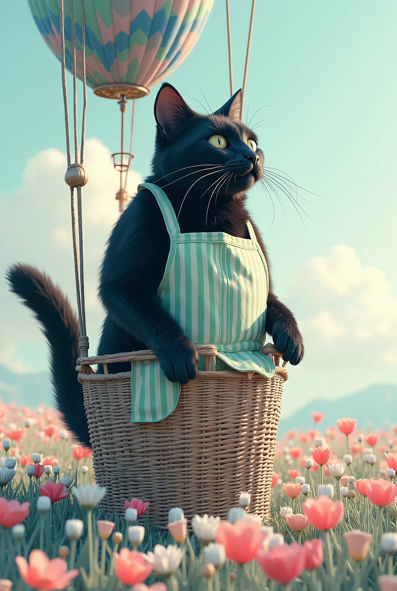  super real,  photorealistic ,  dramatic scene , shadow, Global Illumination, the human-like giant   Black Cat\( wearing a green apron with vertical stripes ,   Black Cat \),  Cats ride in a hot air balloon basket 、 floating in the air in a field of flowers in various pastel colors in full bloom ,  hot-air balloon basket rising into the sky ,   flowers in various pastel colors are gorgeously displayed in a large basket of hot air balloons , On a clear winter day ,   spectacular view of a large flower field with large hot air balloons  ,  pink and pale blue 、 cute shades of light green 