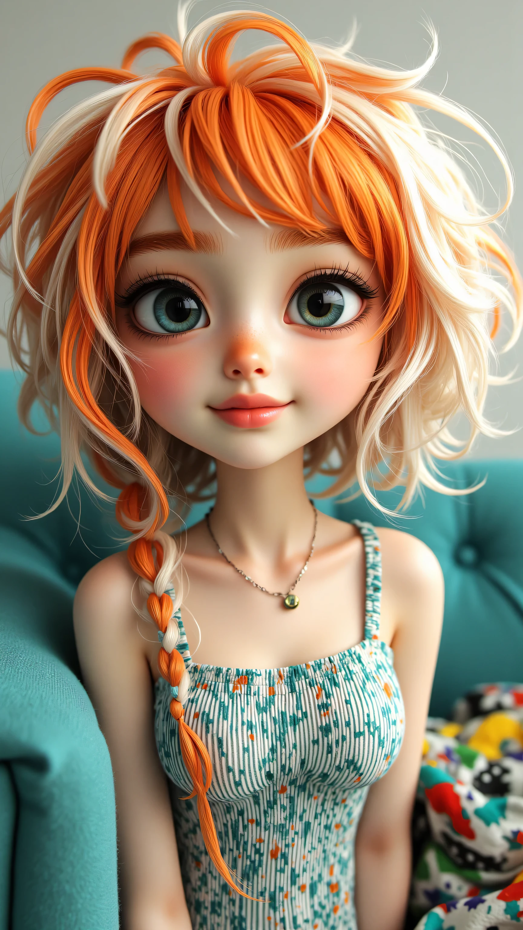 8k, Masterpiece, Top Quality, 3D animated character, Beautiful Women, big expressive eyes, Pixar style, high detail, vibrant colors, cheerful expression,,vibrant orange and white hair, teal sofa, teal and white pleated dress, colorful geometric patterns, fringe to blanket, surreal pastel aesthetics, high-contrast lighting, quirky poses, avant-garde styling, pop art, symmetrical composition, minimalist background
